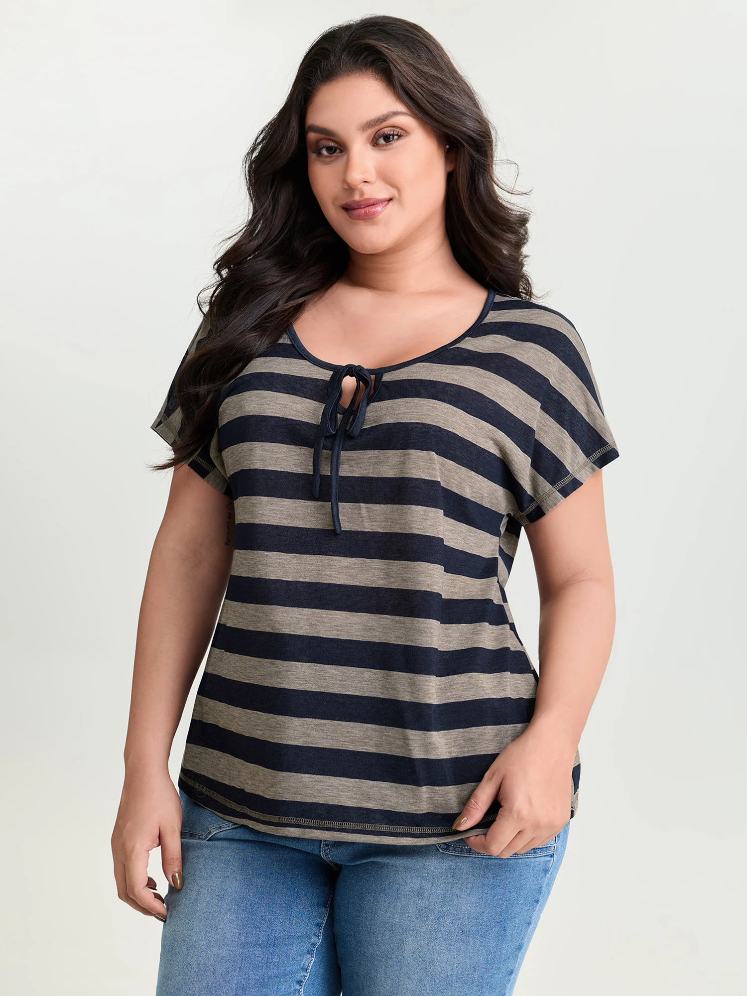 Stretchy Striped Print Neck-Tie T-Shirt