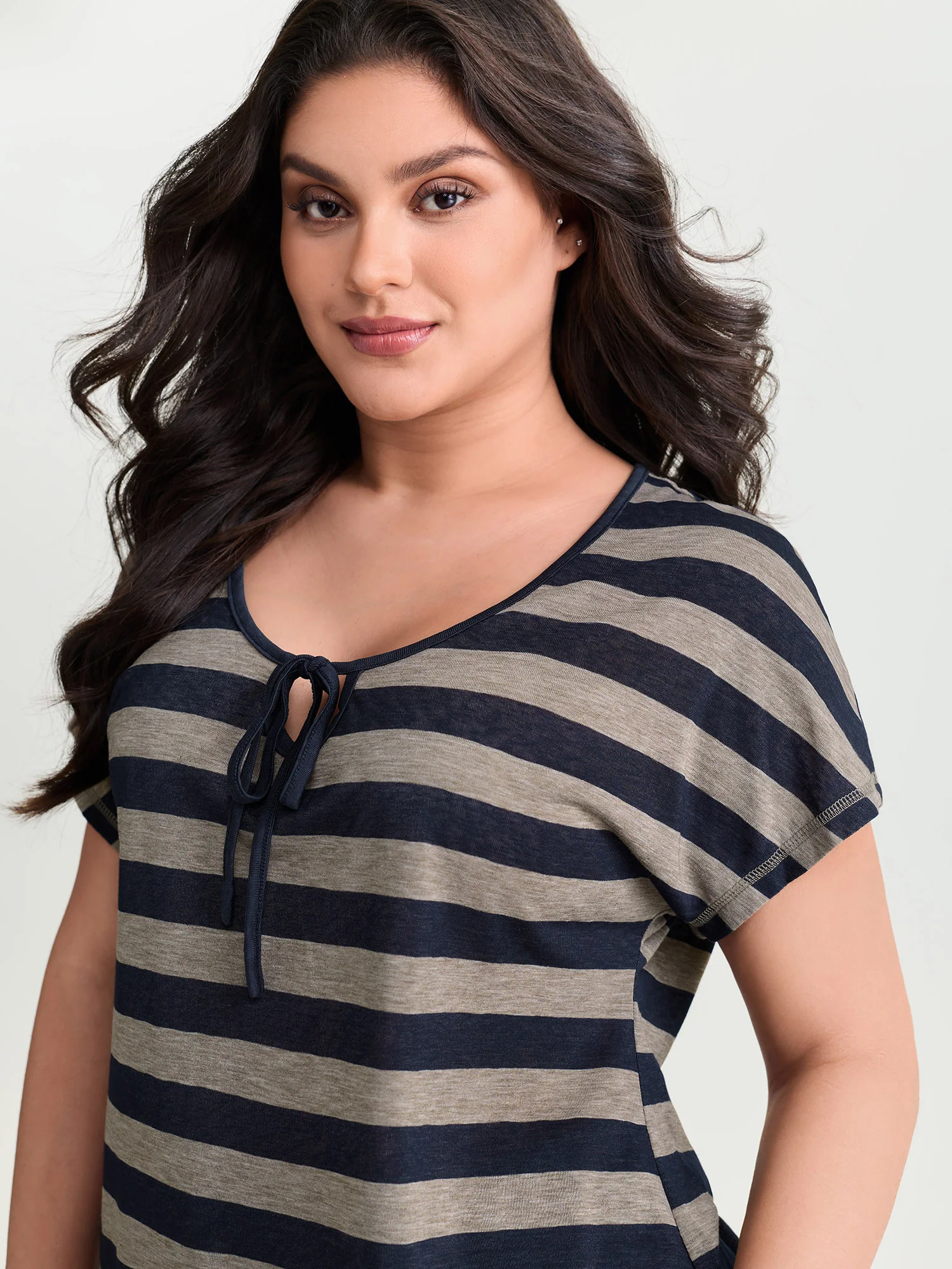 Stretchy Striped Print Neck-Tie T-Shirt - Image 2