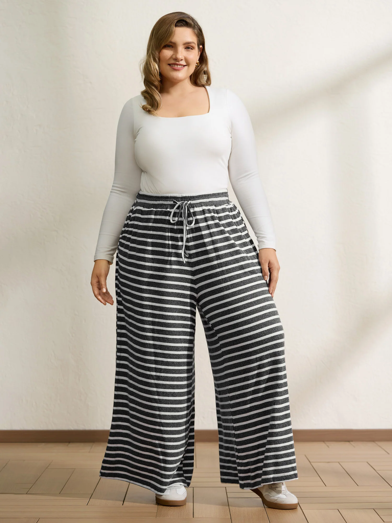 Stretchy Stripes Drawstring Wide-Leg Pants - Image 2