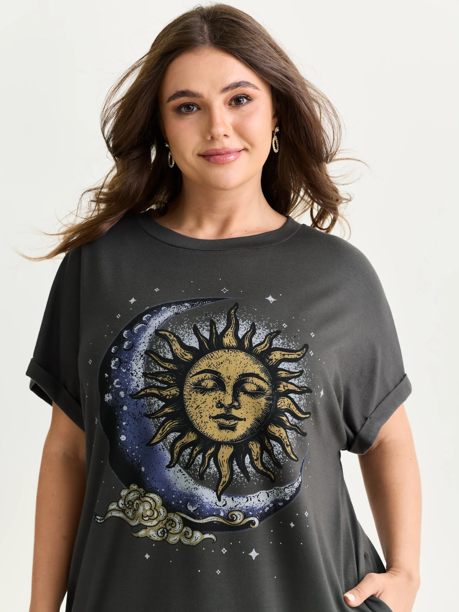 Stretchy Sun Moon Print T-Shirt Midi Dress - Image 2