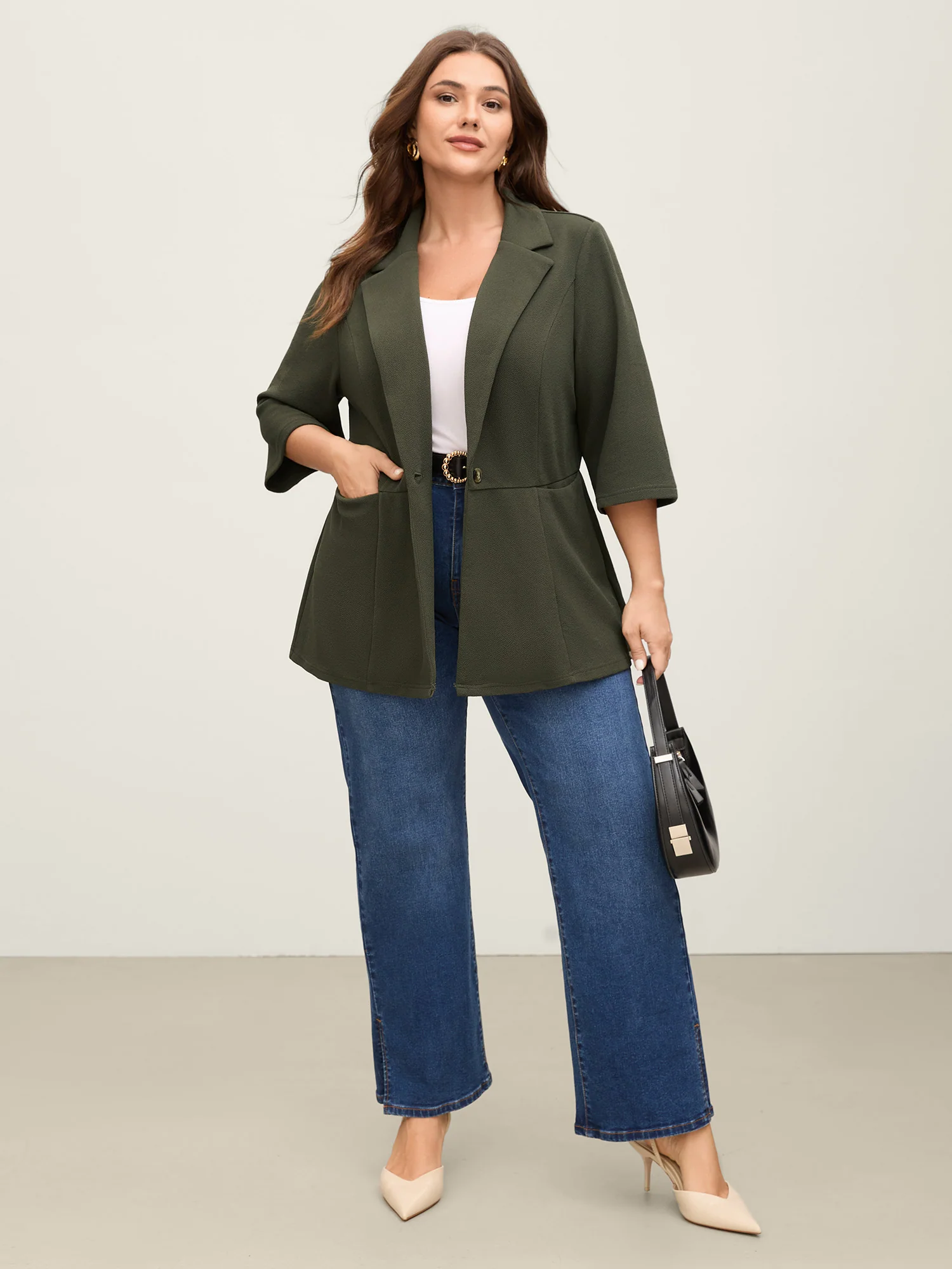 Stretchy Textured Cinched Flared Waist Blazer - Image 3