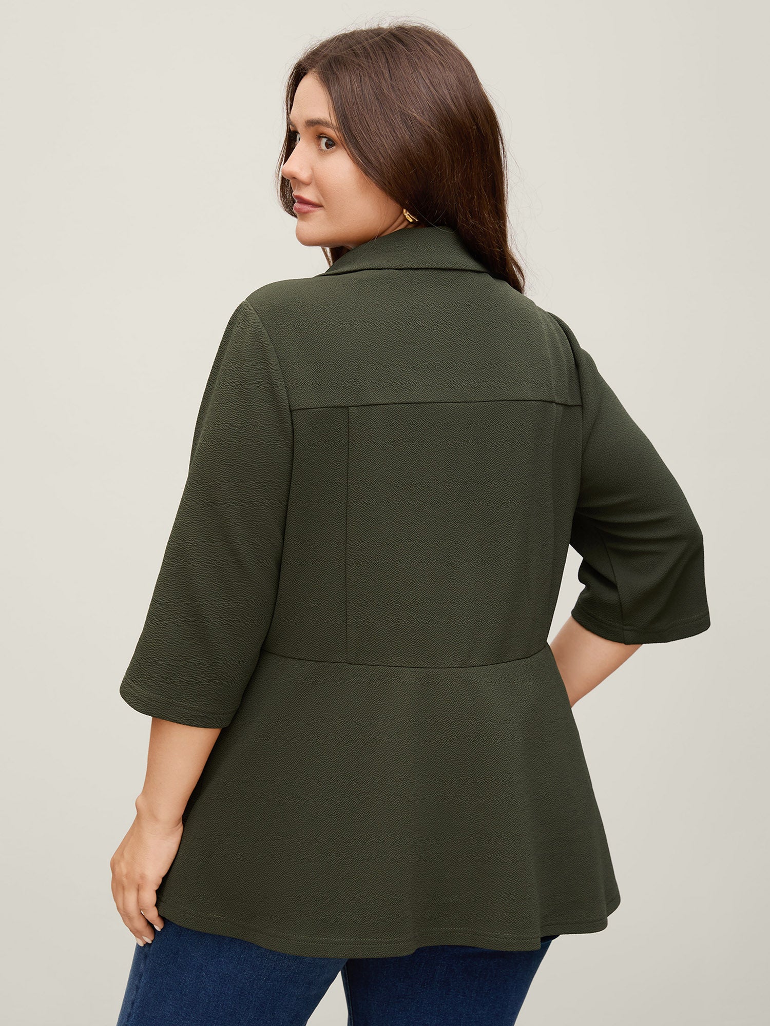Stretchy Textured Cinched Flared Waist Blazer - Image 5