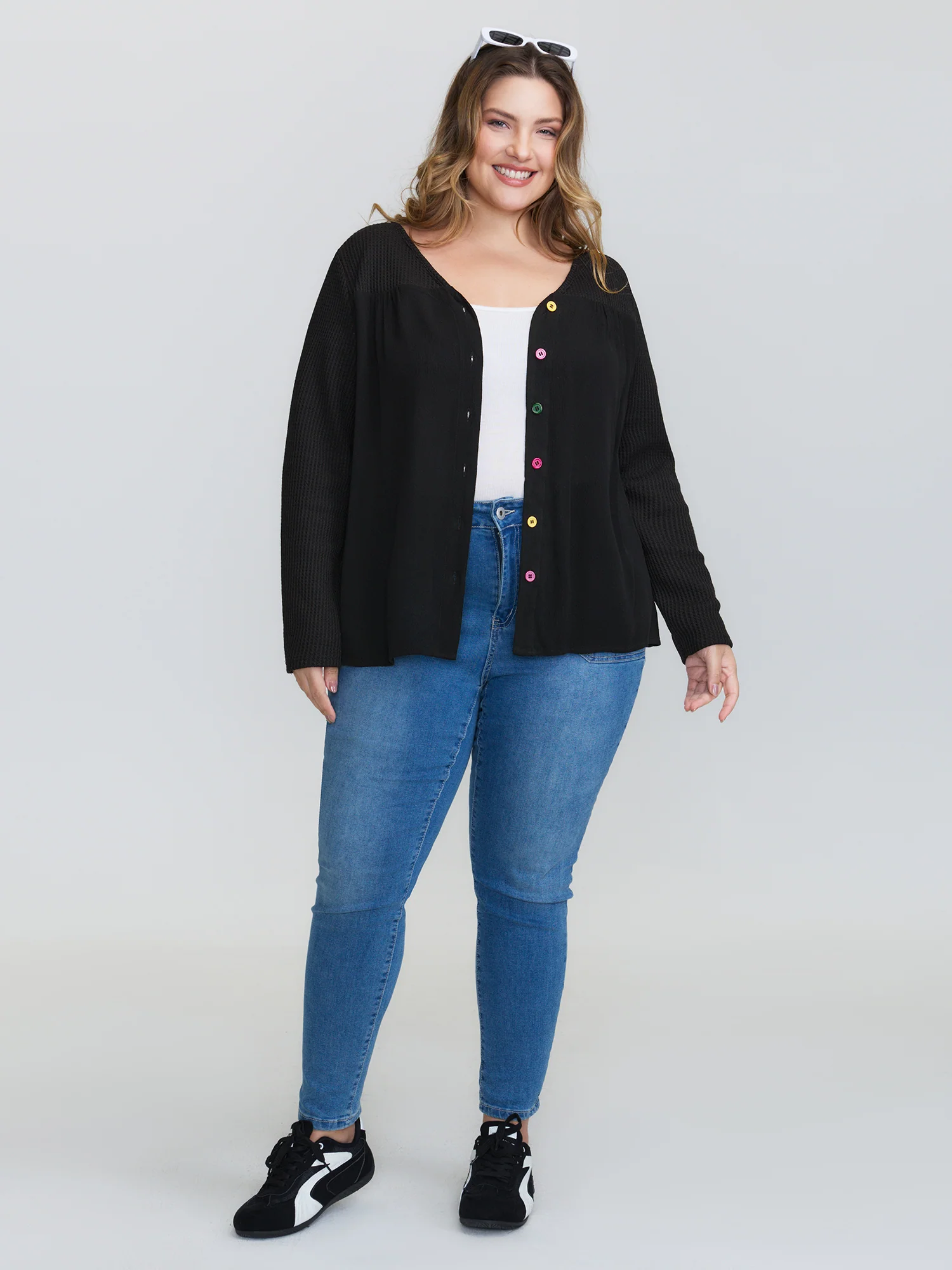 Stretchy Textured Colorful Button Blouse - Image 3