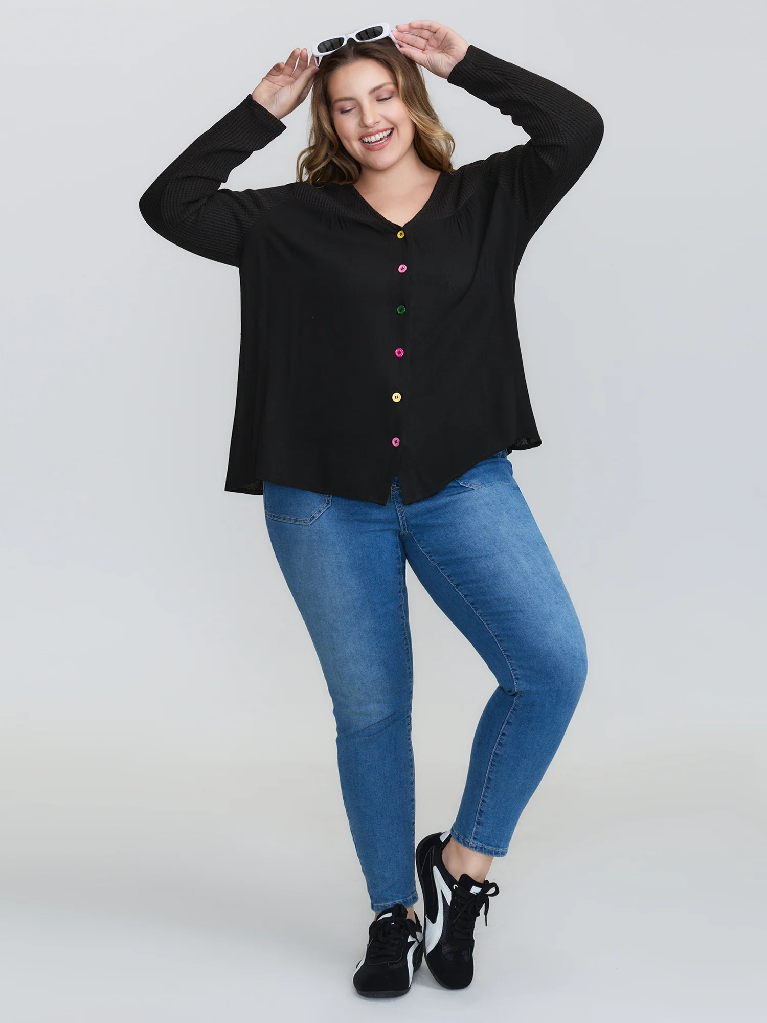 Stretchy Textured Colorful Button Blouse - Image 4