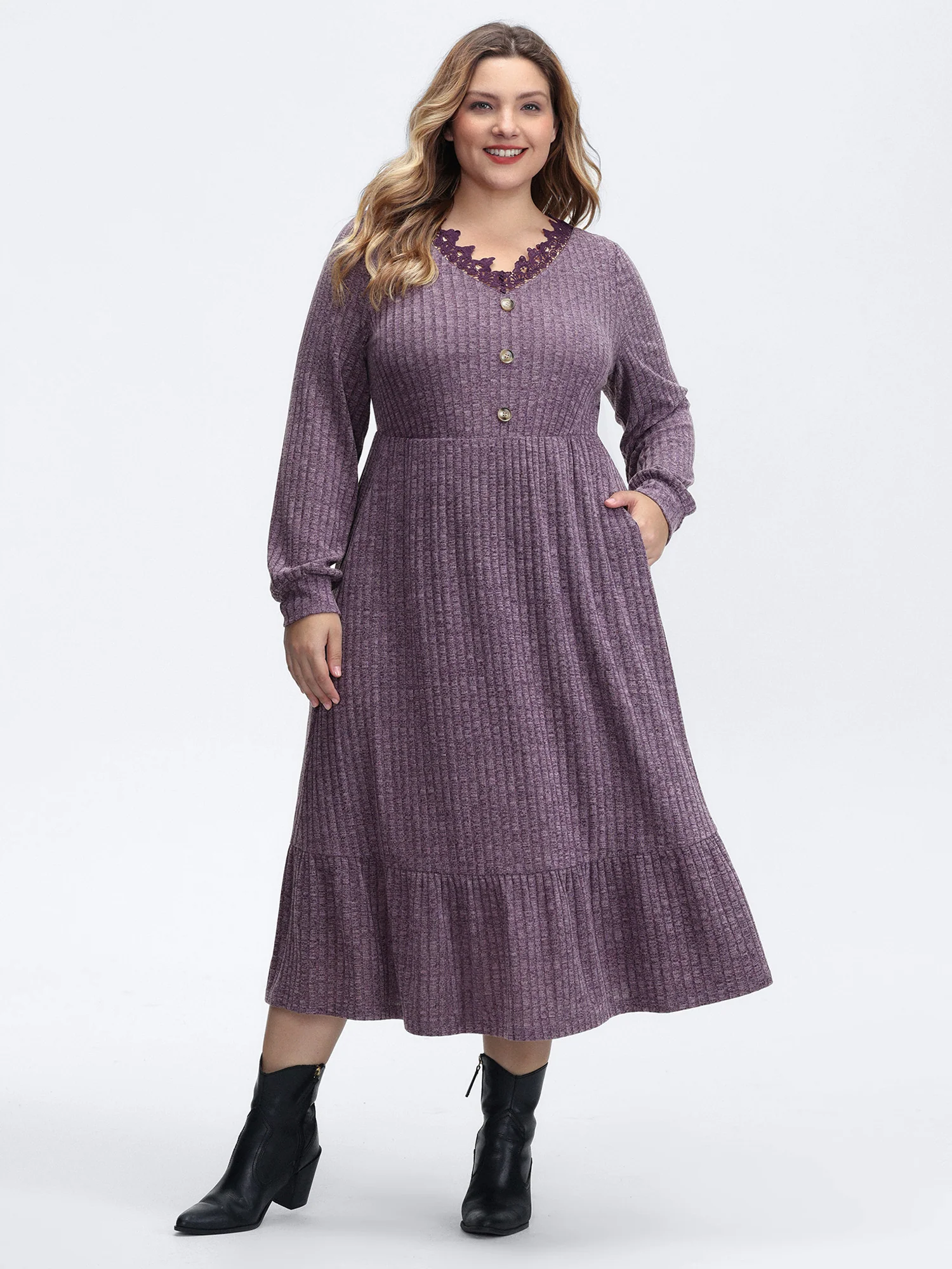 Stretchy Textured Lace Trim Midi Dress - Image 3