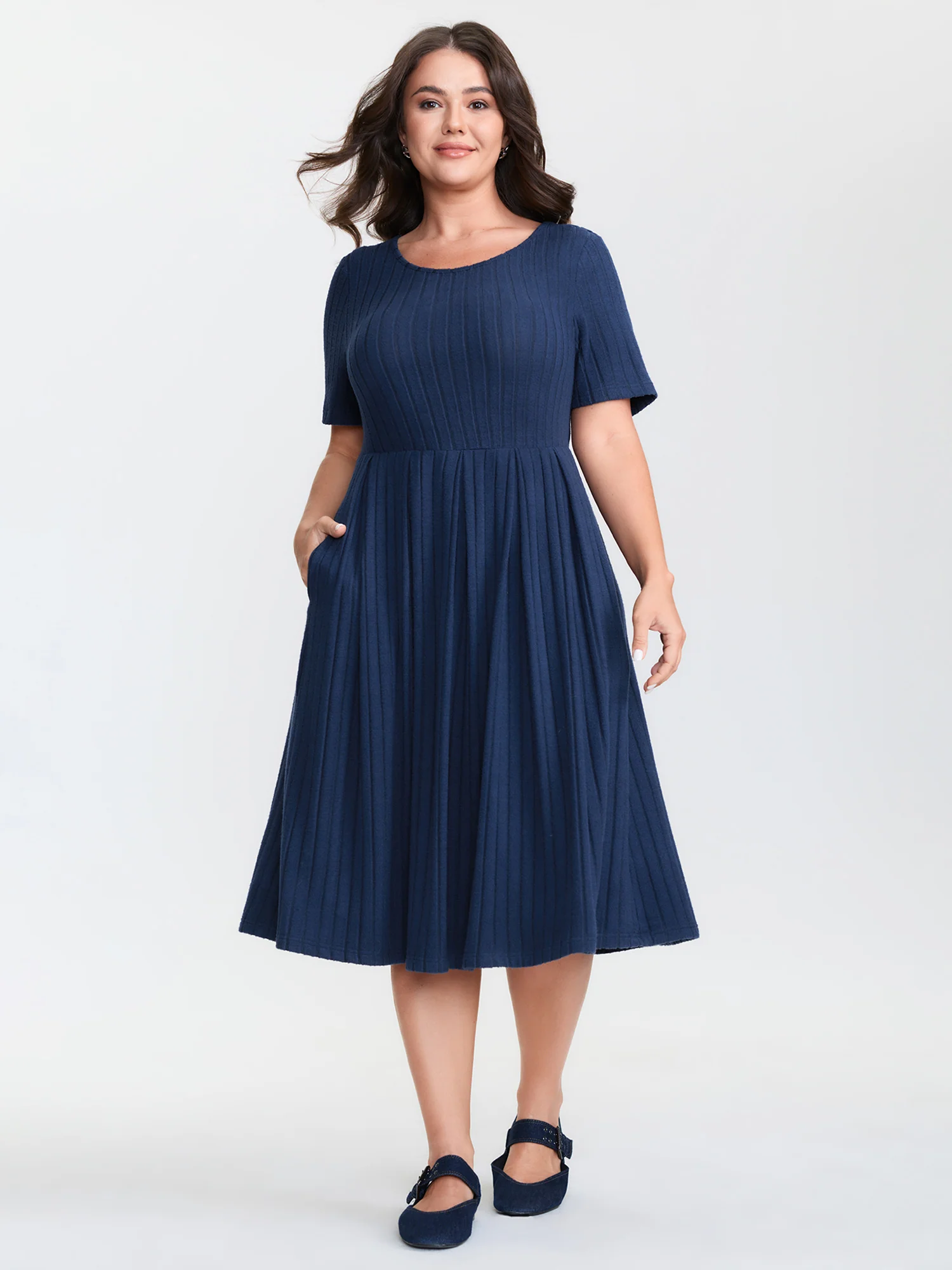 Stretchy Textured Round Neck Mini Dress - Image 3