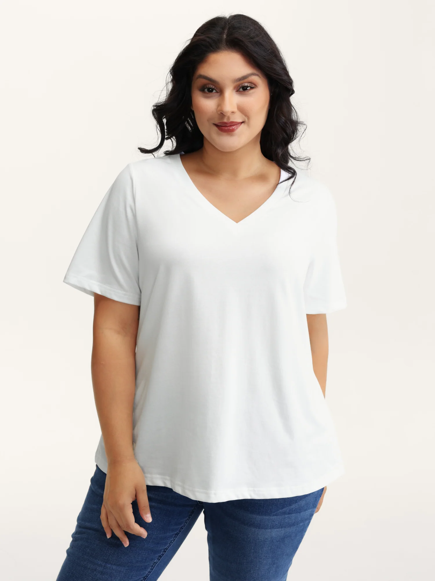 Stretchy V-Neck Solid T-Shirt - Image 2