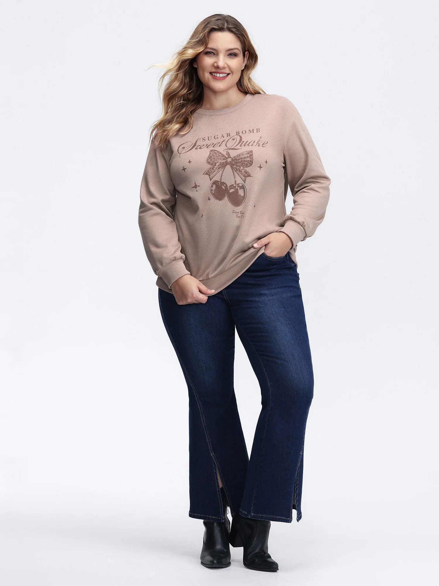 Stretchy Vintage Cherry Print Loose Fit Sweatshirt - Image 3