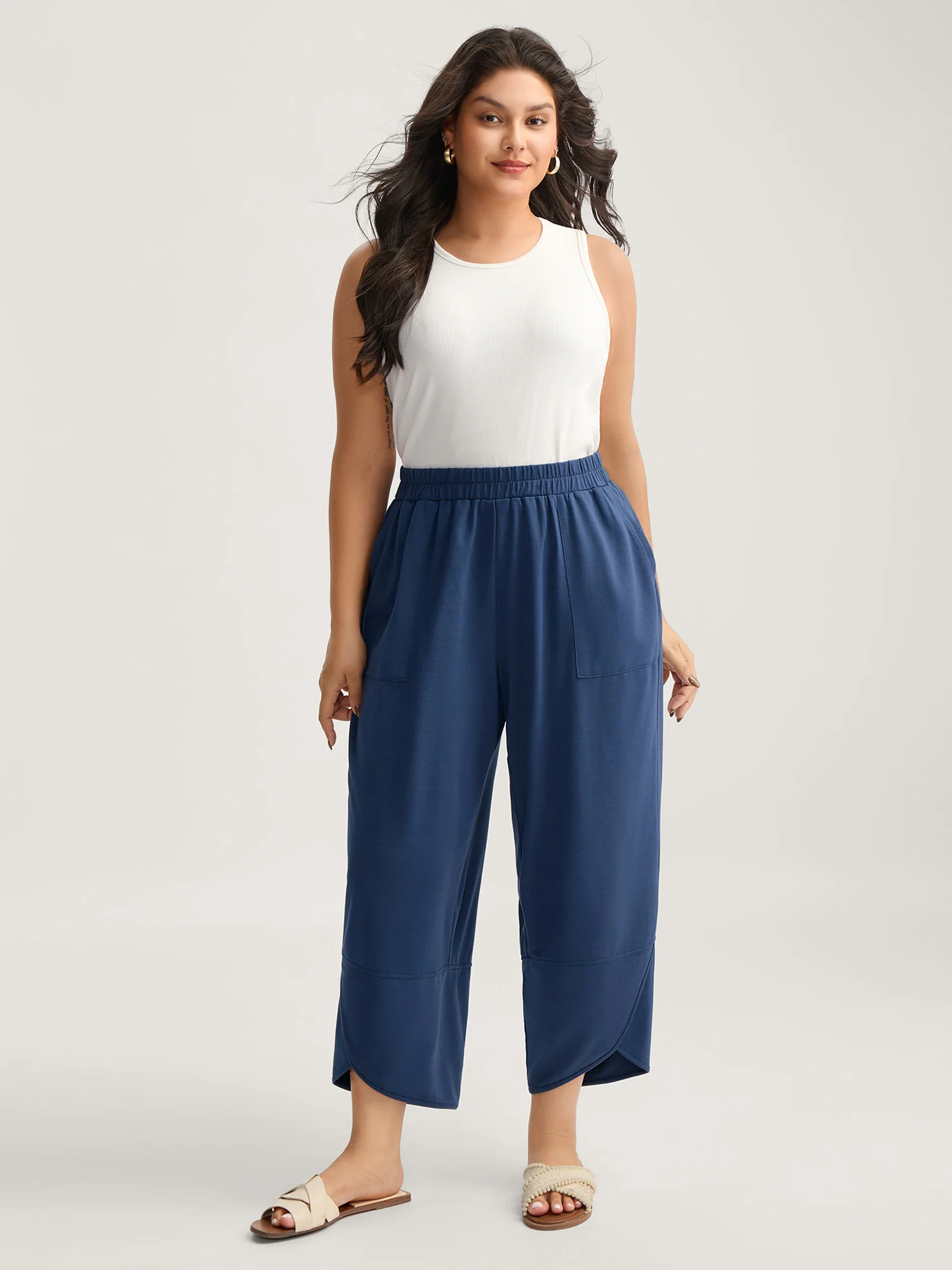 Stretchy Waist Asymmetrical Hem Straight-Leg Pants - Image 2