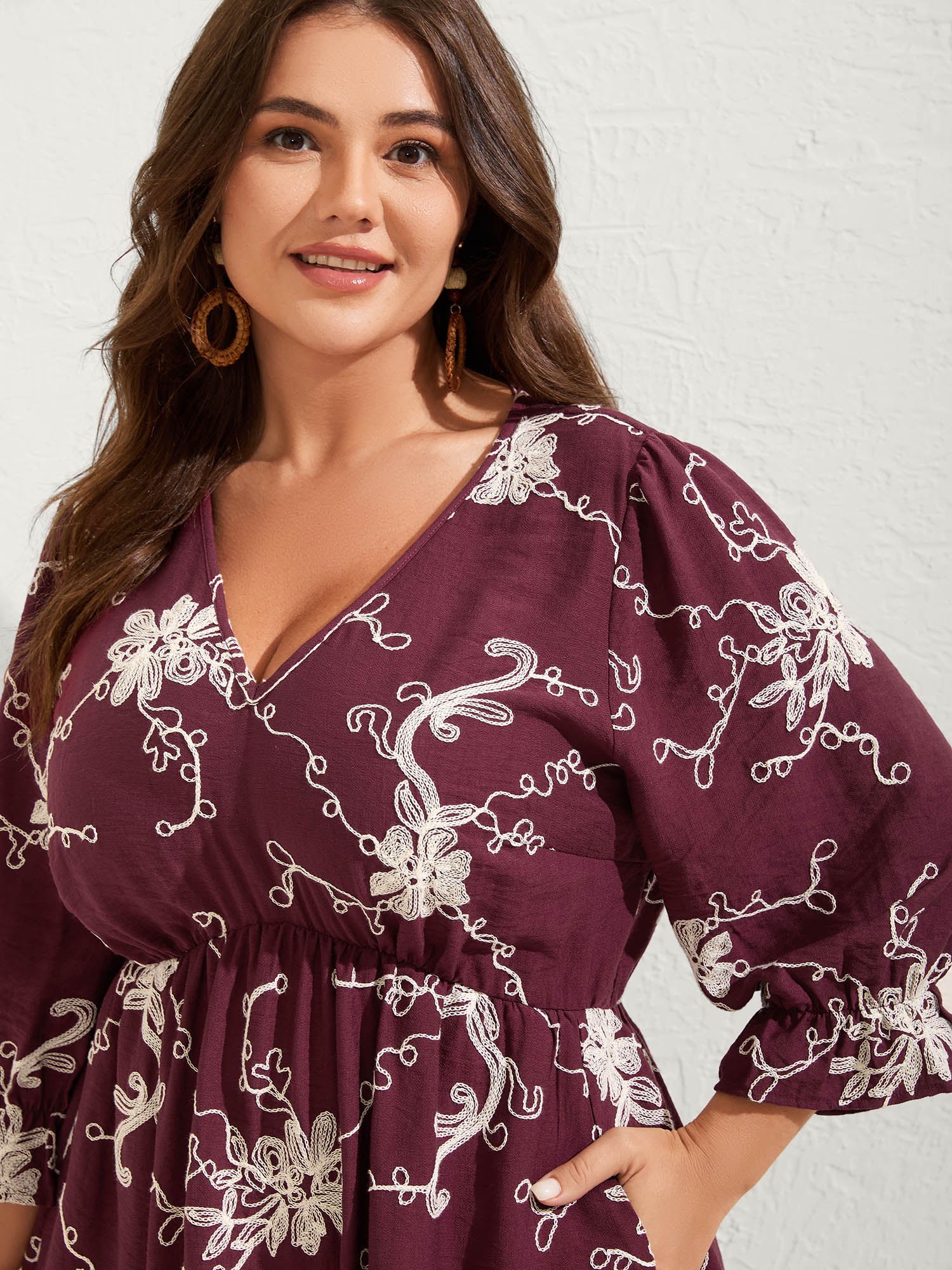 Floral Embroidered Stretchy Waist Midi Dress - Image 2