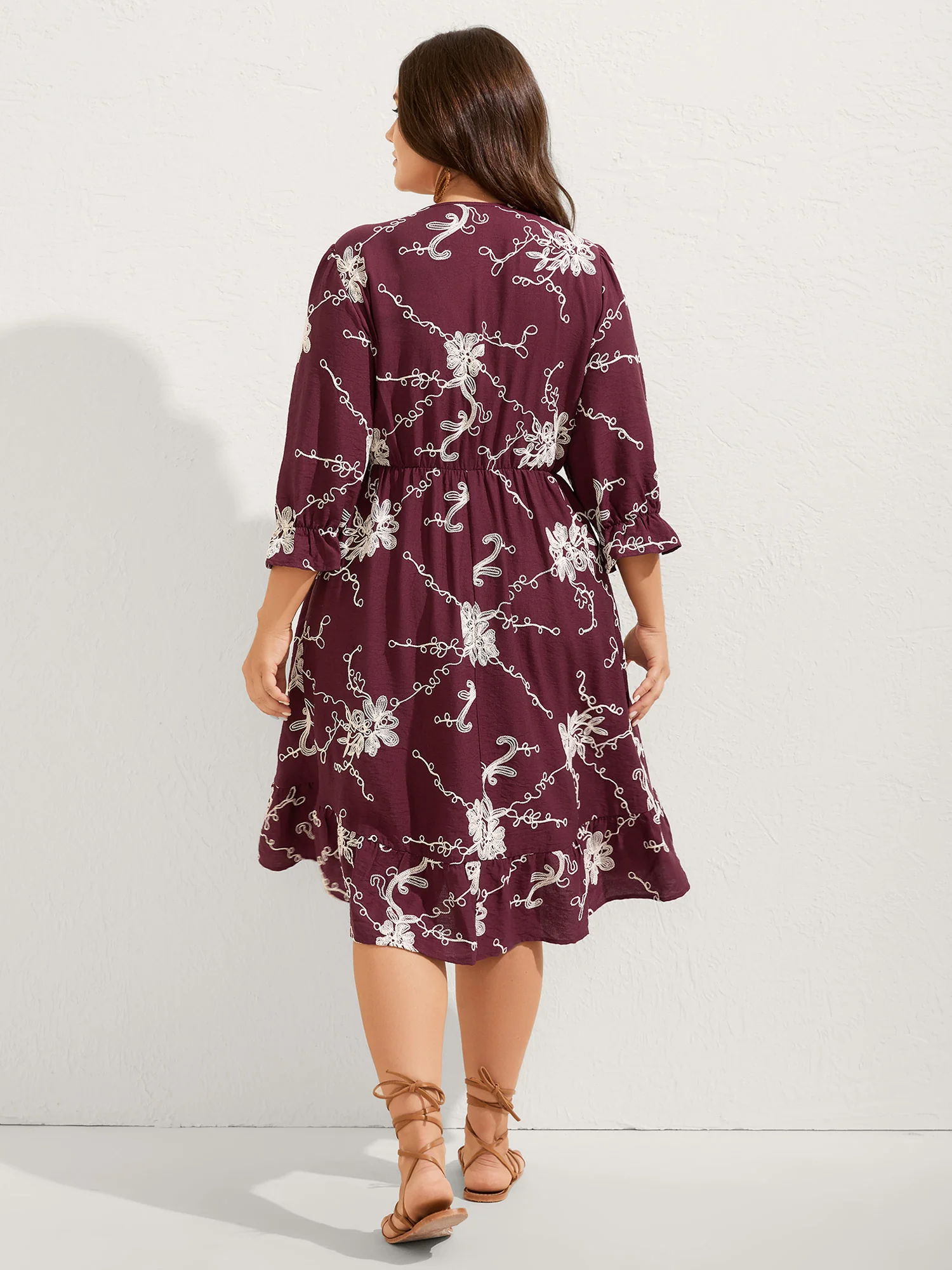 Floral Embroidered Stretchy Waist Midi Dress - Image 4