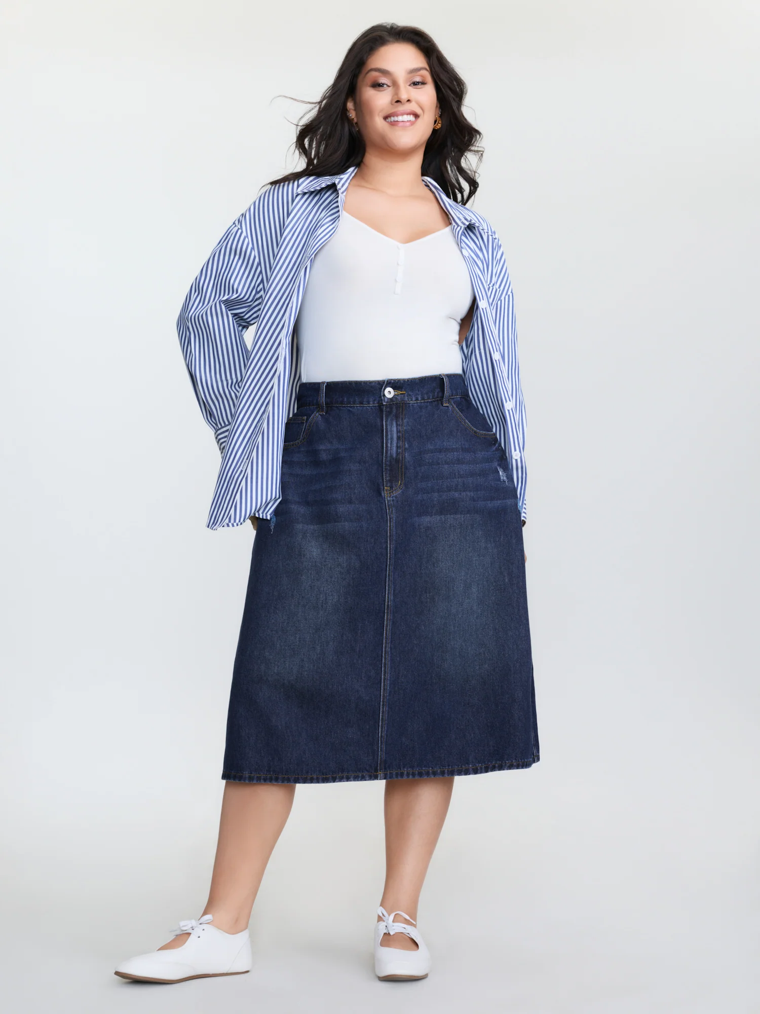 Stretchy Waist Bootcut Maxi Denim Skirt - Image 2