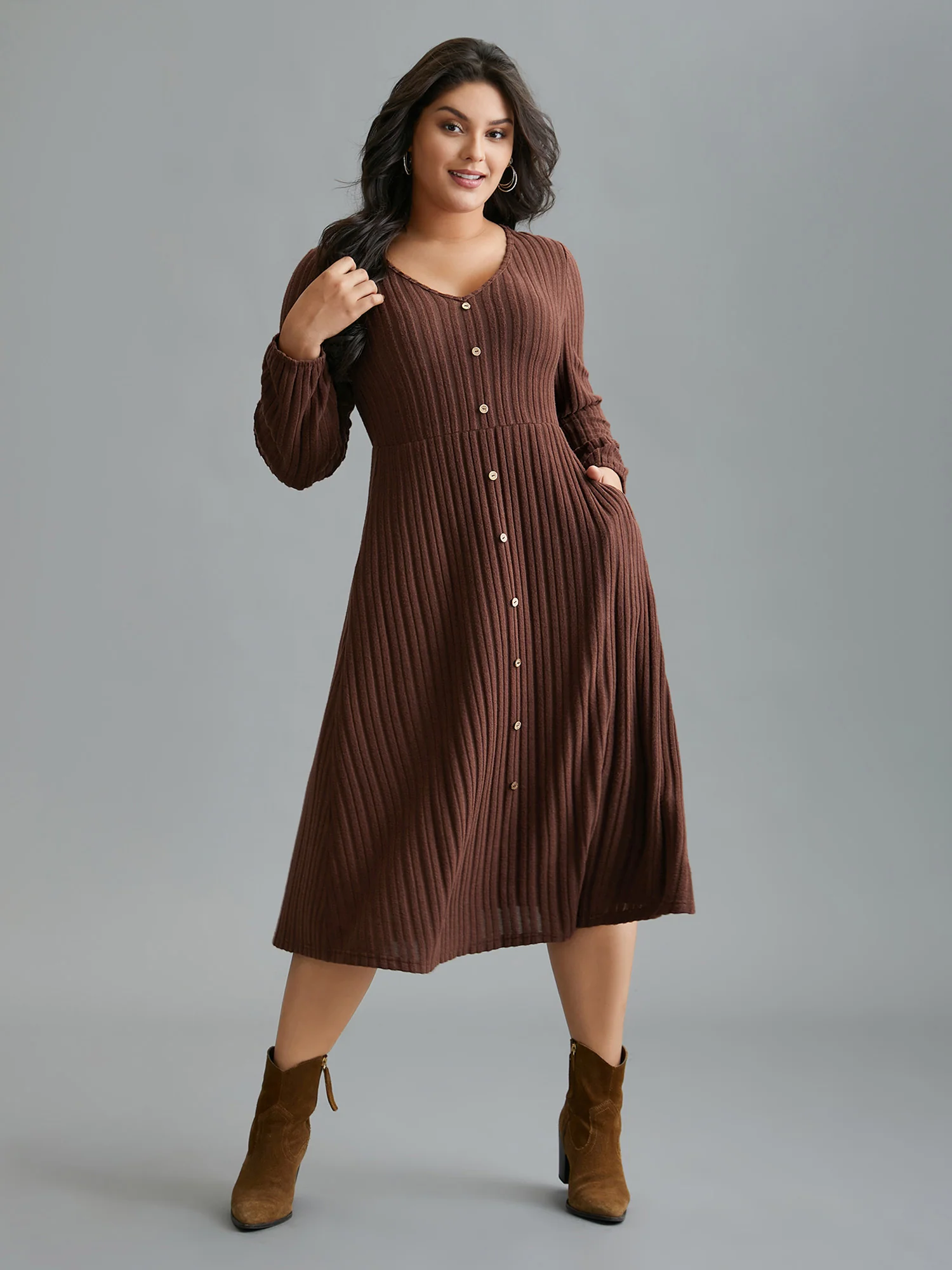 Stretchy Waist Defining Knit Midi Dress - Image 3