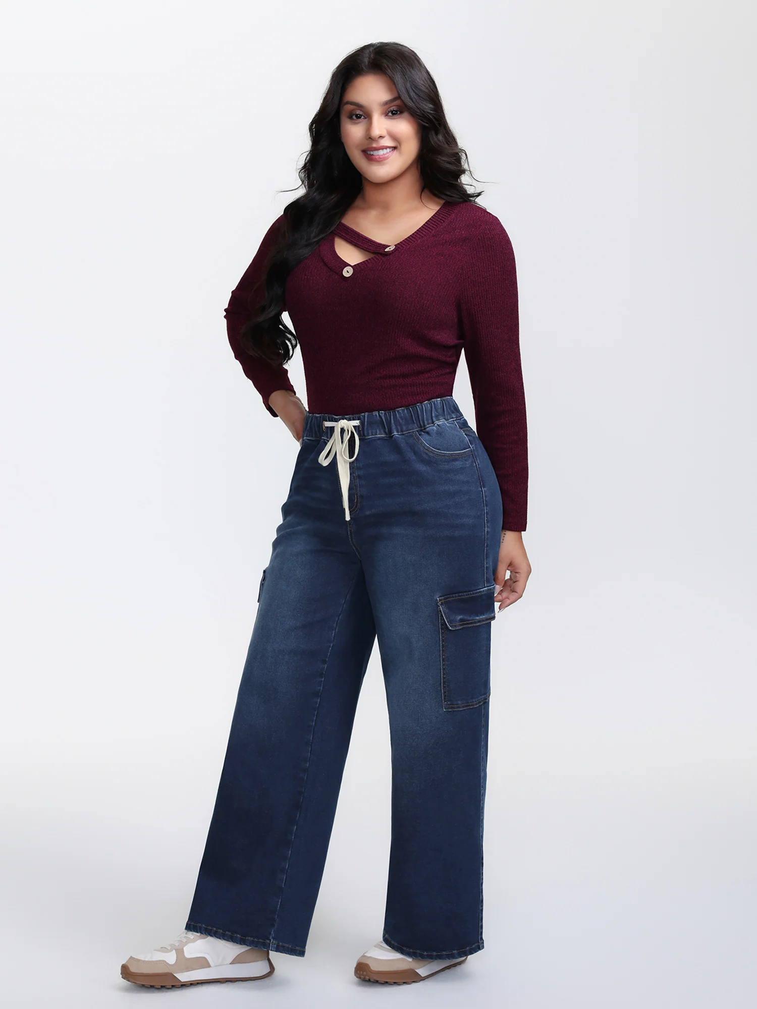 Stretchy Waist Drawstring Wide-Leg Jeans - Image 2