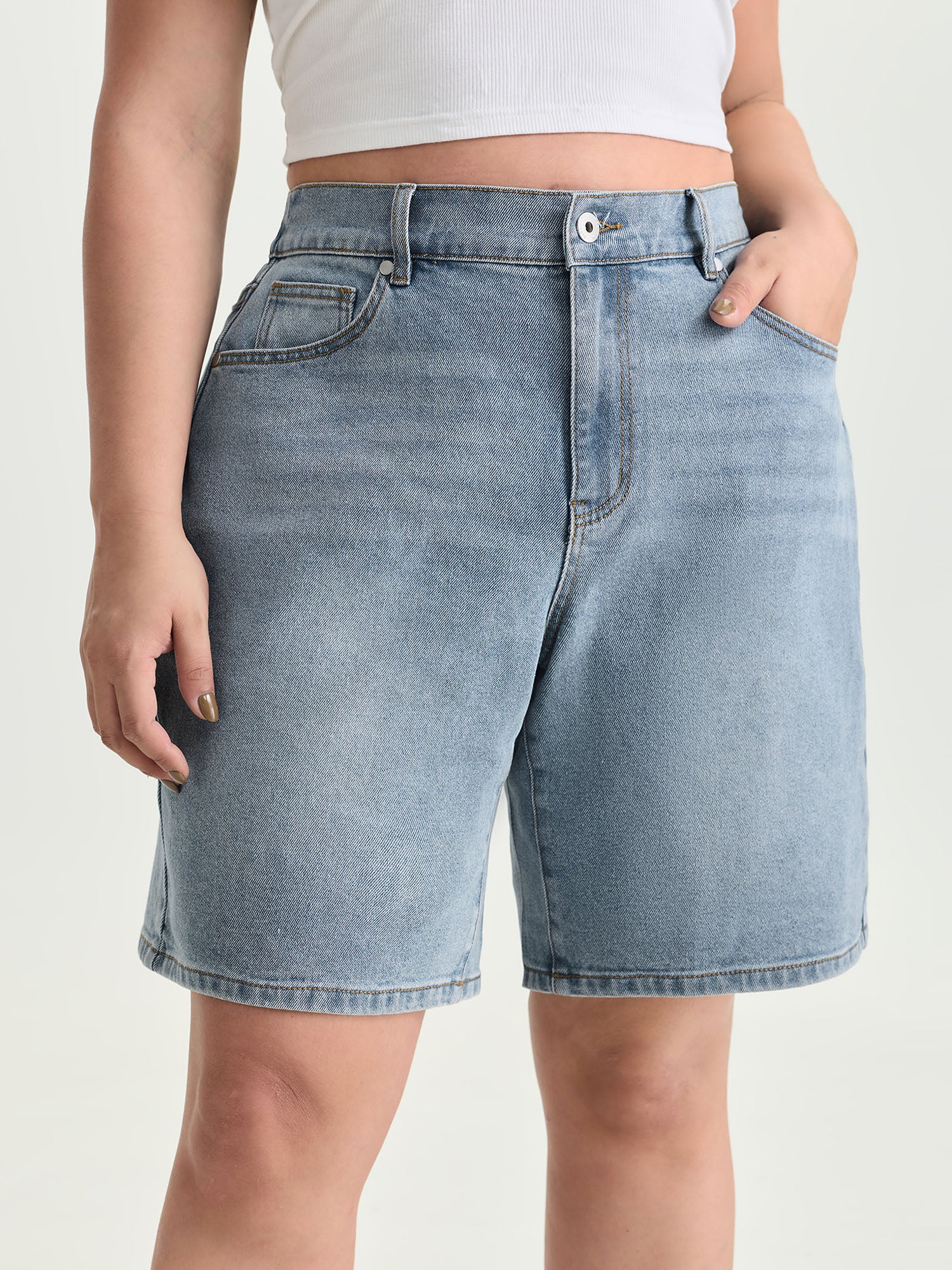 Stretchy Waist Faded Bermuda Denim Shorts - Image 2