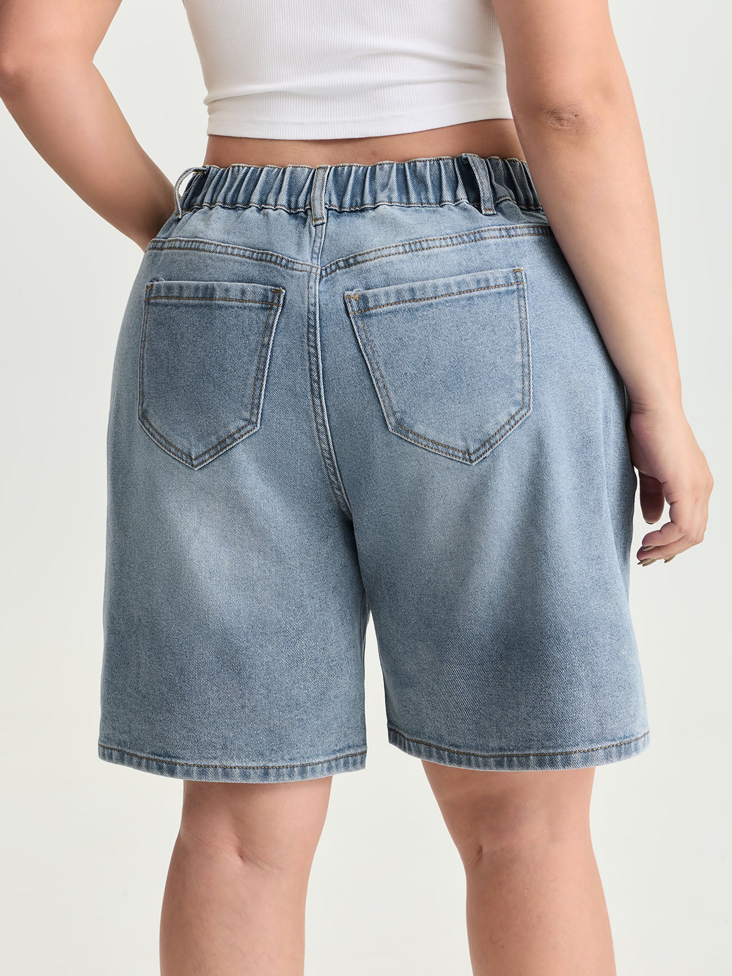 Stretchy Waist Faded Bermuda Denim Shorts - Image 5