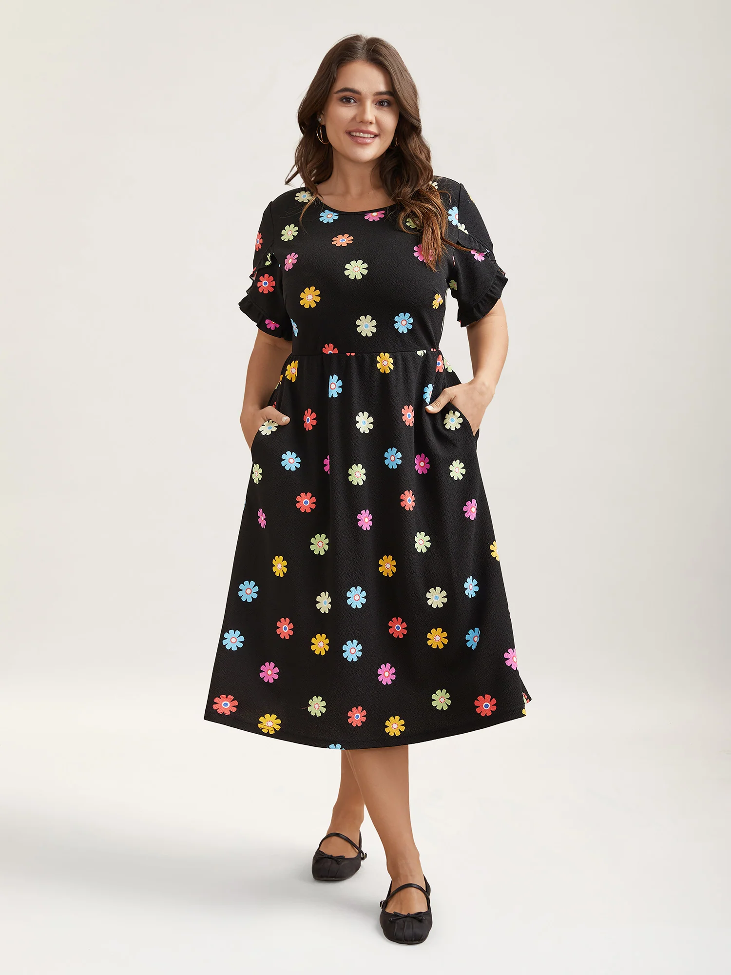Stretchy-Waist Floral Print Pockets Midi Dress - Image 2