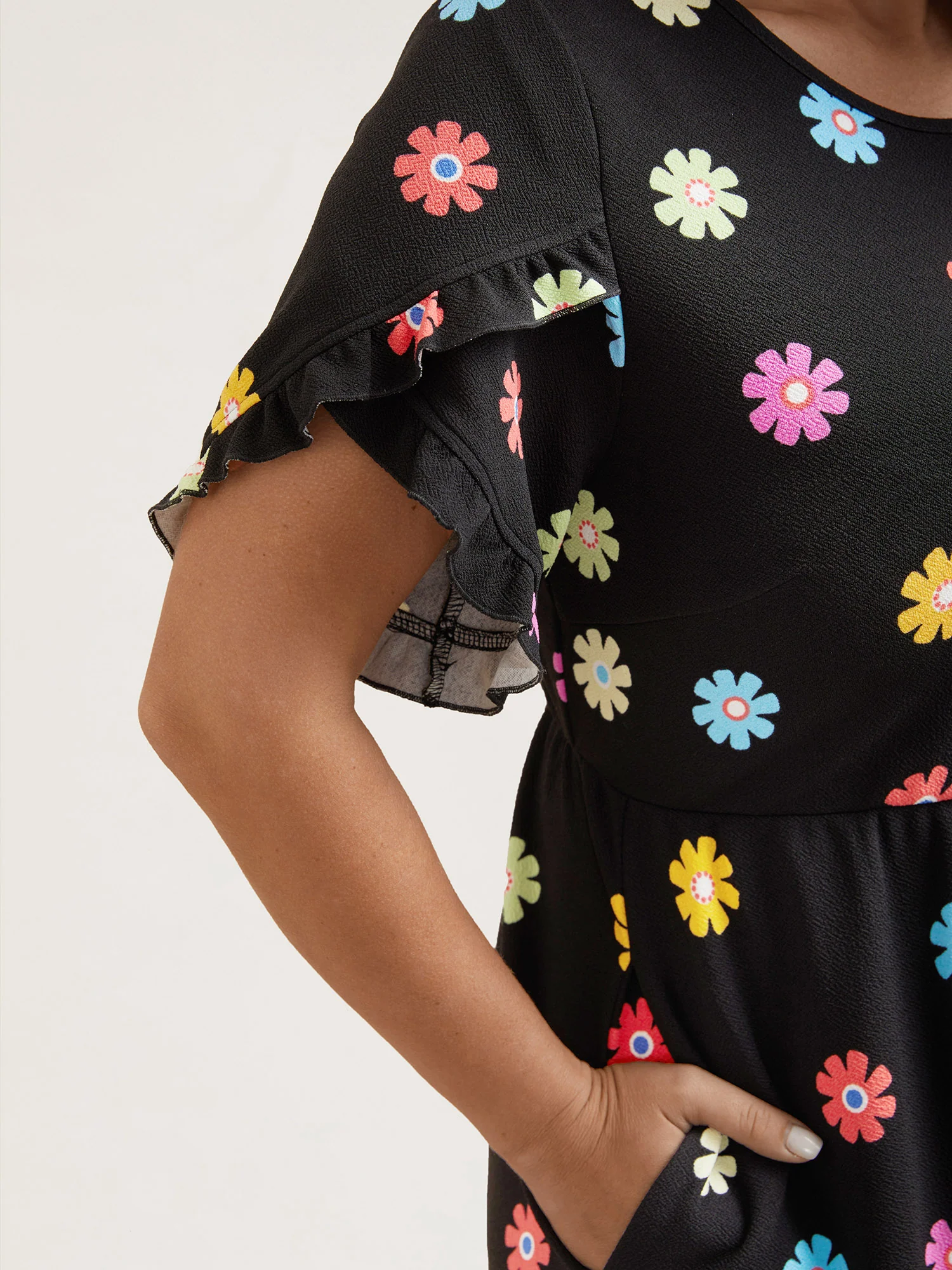 Stretchy-Waist Floral Print Pockets Midi Dress - Image 3