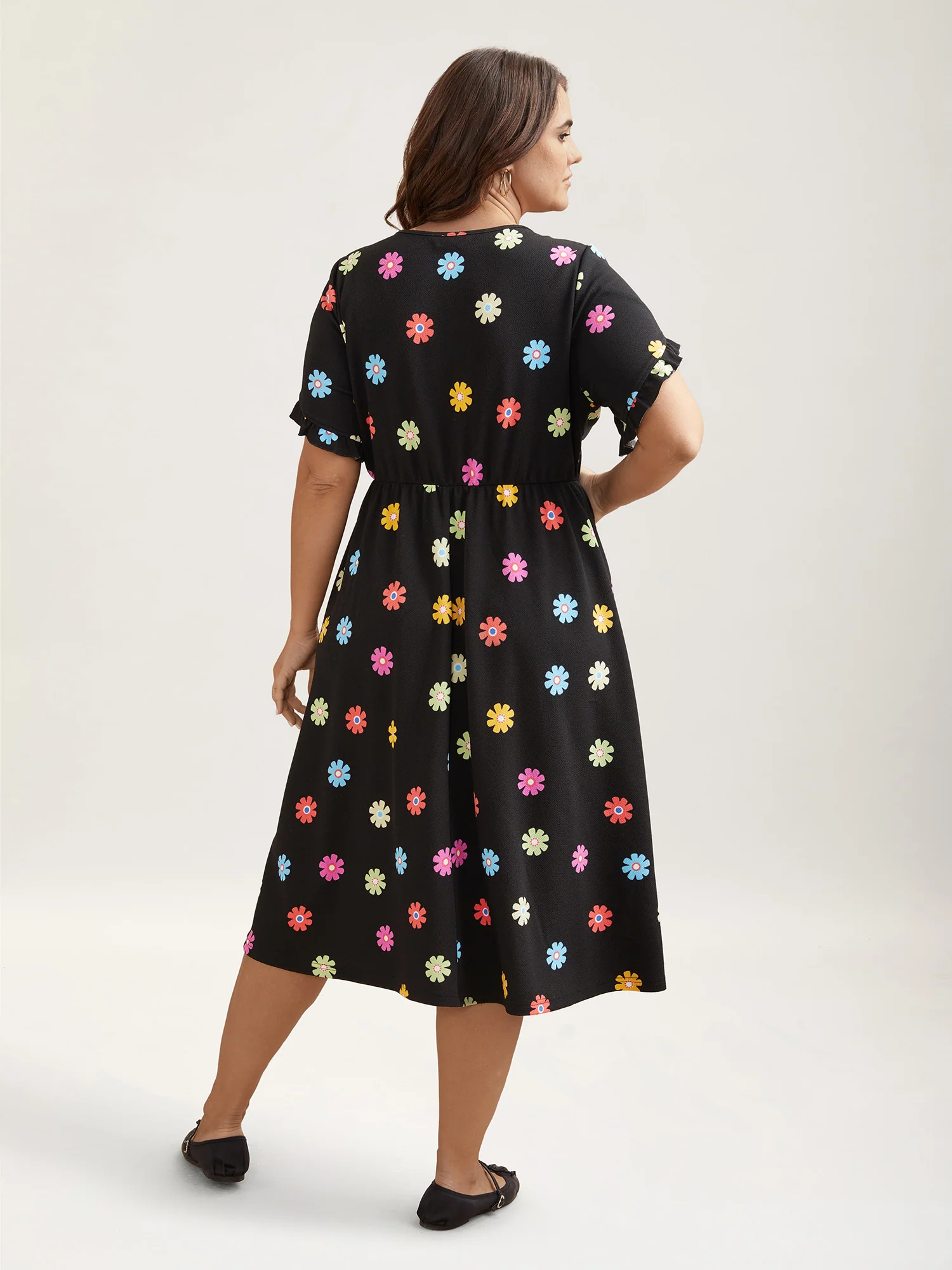 Stretchy-Waist Floral Print Pockets Midi Dress - Image 4