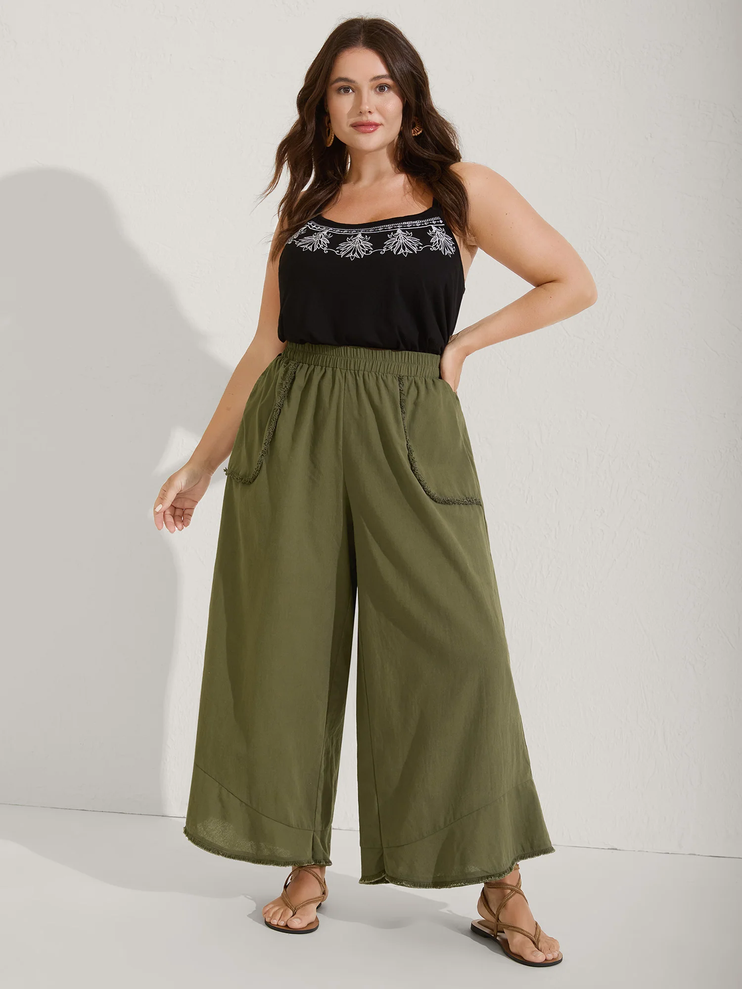 Cotton Stretchy Waist Frayed Hem Wide-Leg Pants - Image 2
