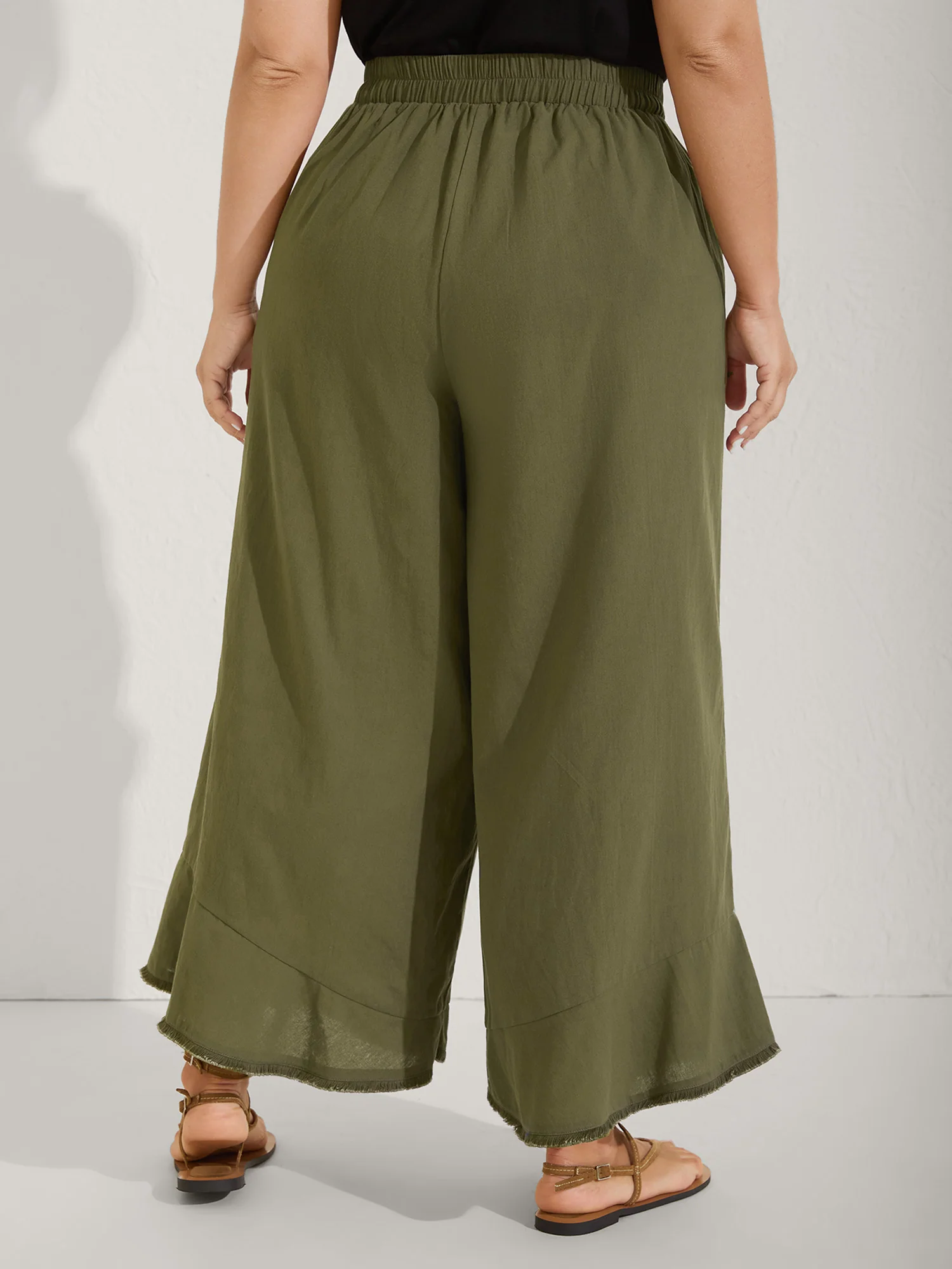 Cotton Stretchy Waist Frayed Hem Wide-Leg Pants - Image 4