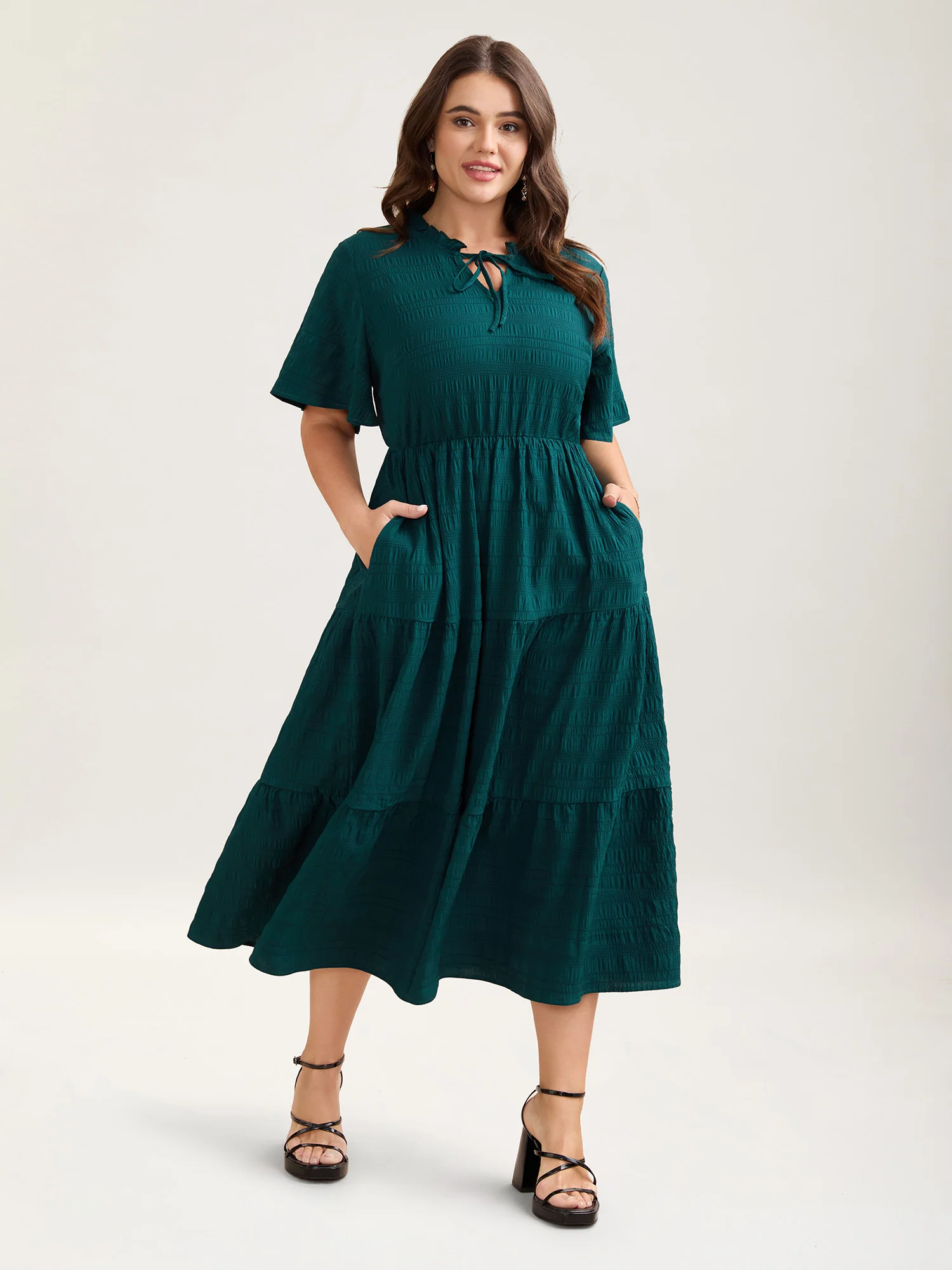 Stretchy Waist Frill Trim Pockets Midi Dress - Image 2