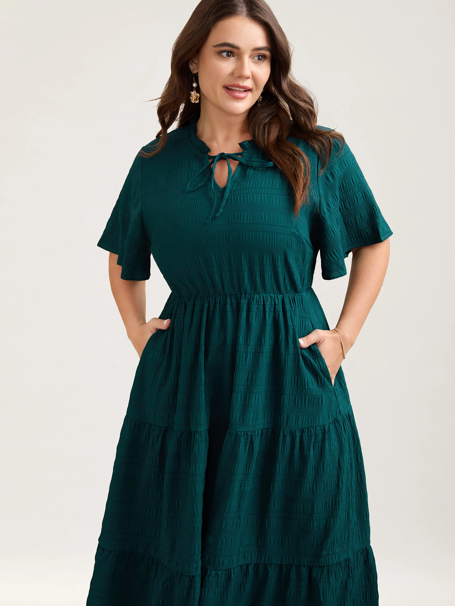 Stretchy Waist Frill Trim Pockets Midi Dress - Image 3