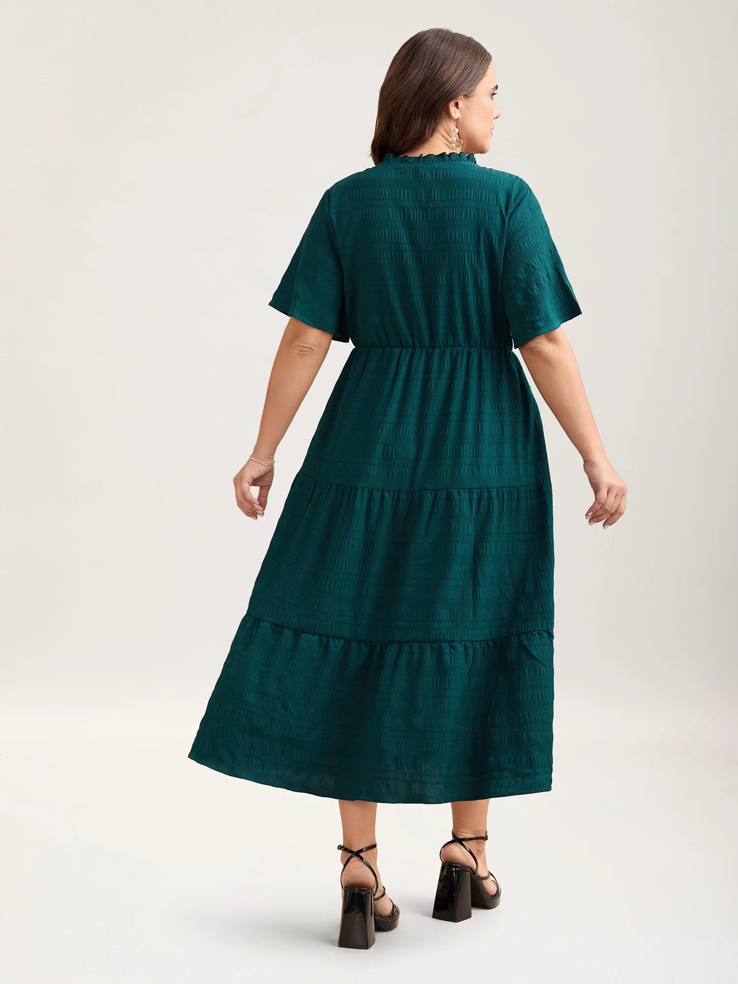 Stretchy Waist Frill Trim Pockets Midi Dress - Image 4