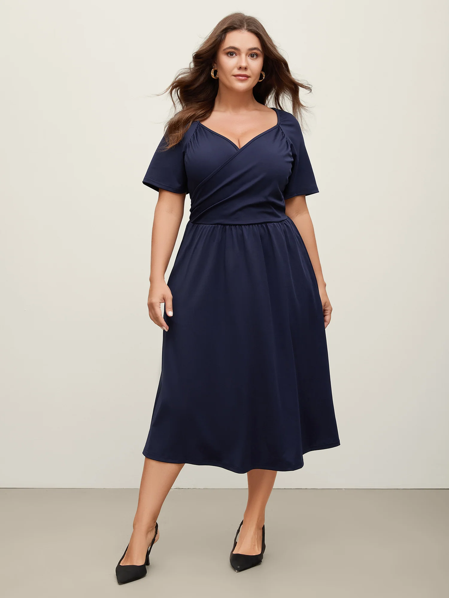 Stretchy Waist Overlap Pockets Midi Dress - Image 2