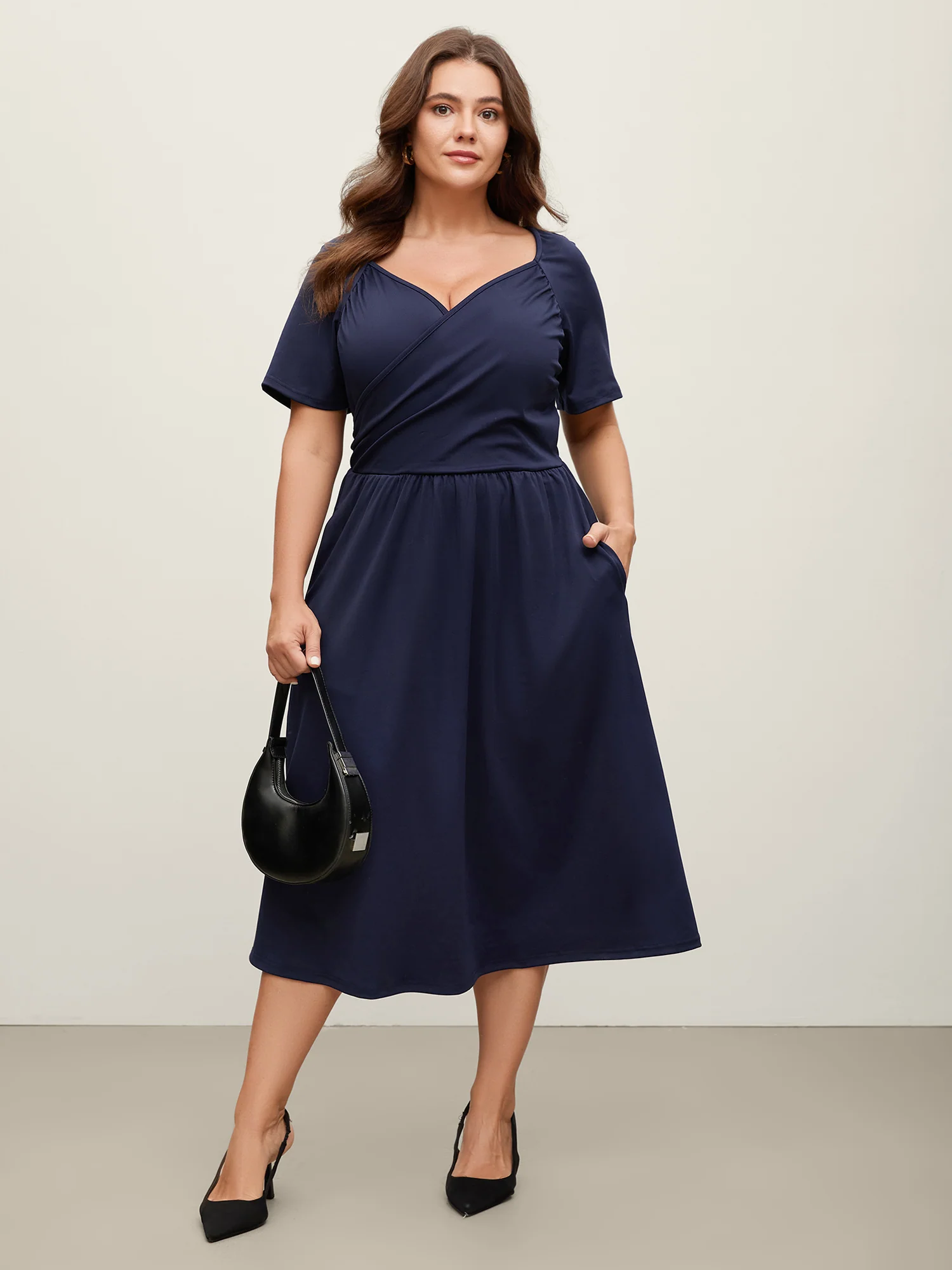 Stretchy Waist Overlap Pockets Midi Dress - Image 3