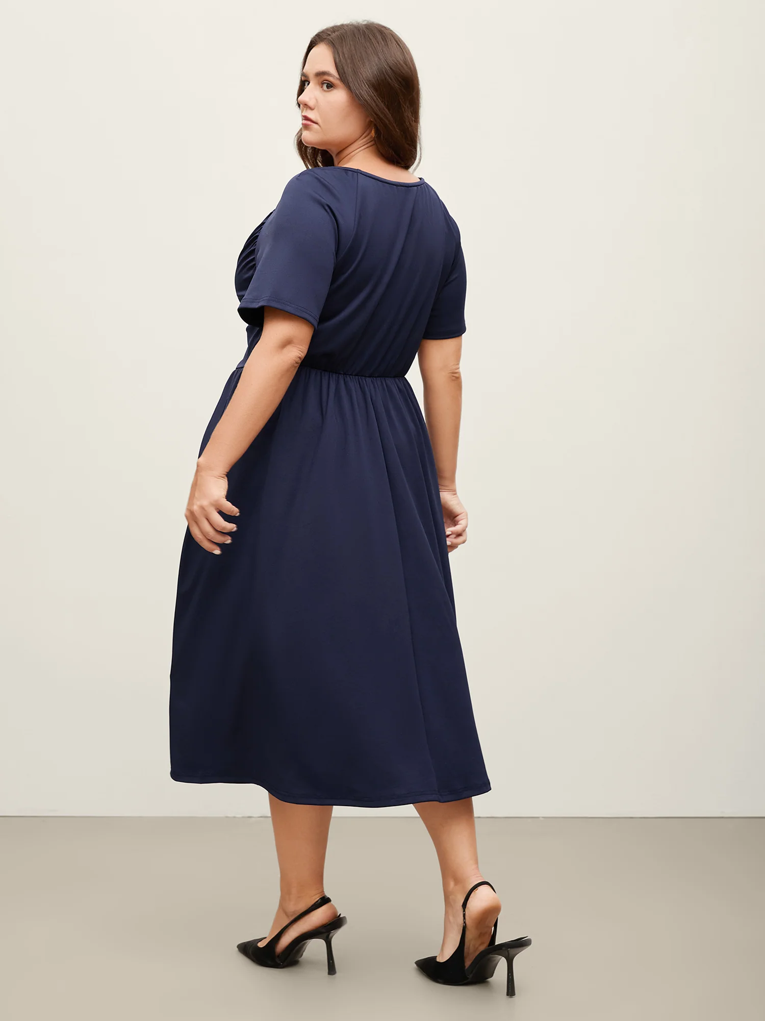Stretchy Waist Overlap Pockets Midi Dress - Image 4