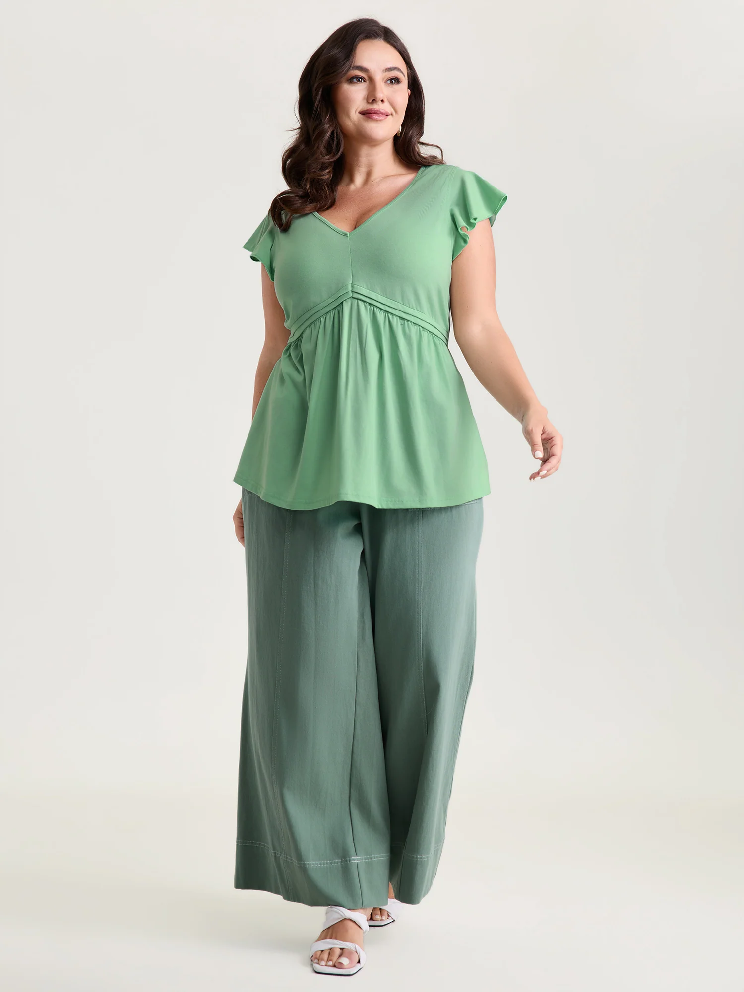 Stretchy Waist Pleated Flutter Sleeve T-Shirt - Image 3