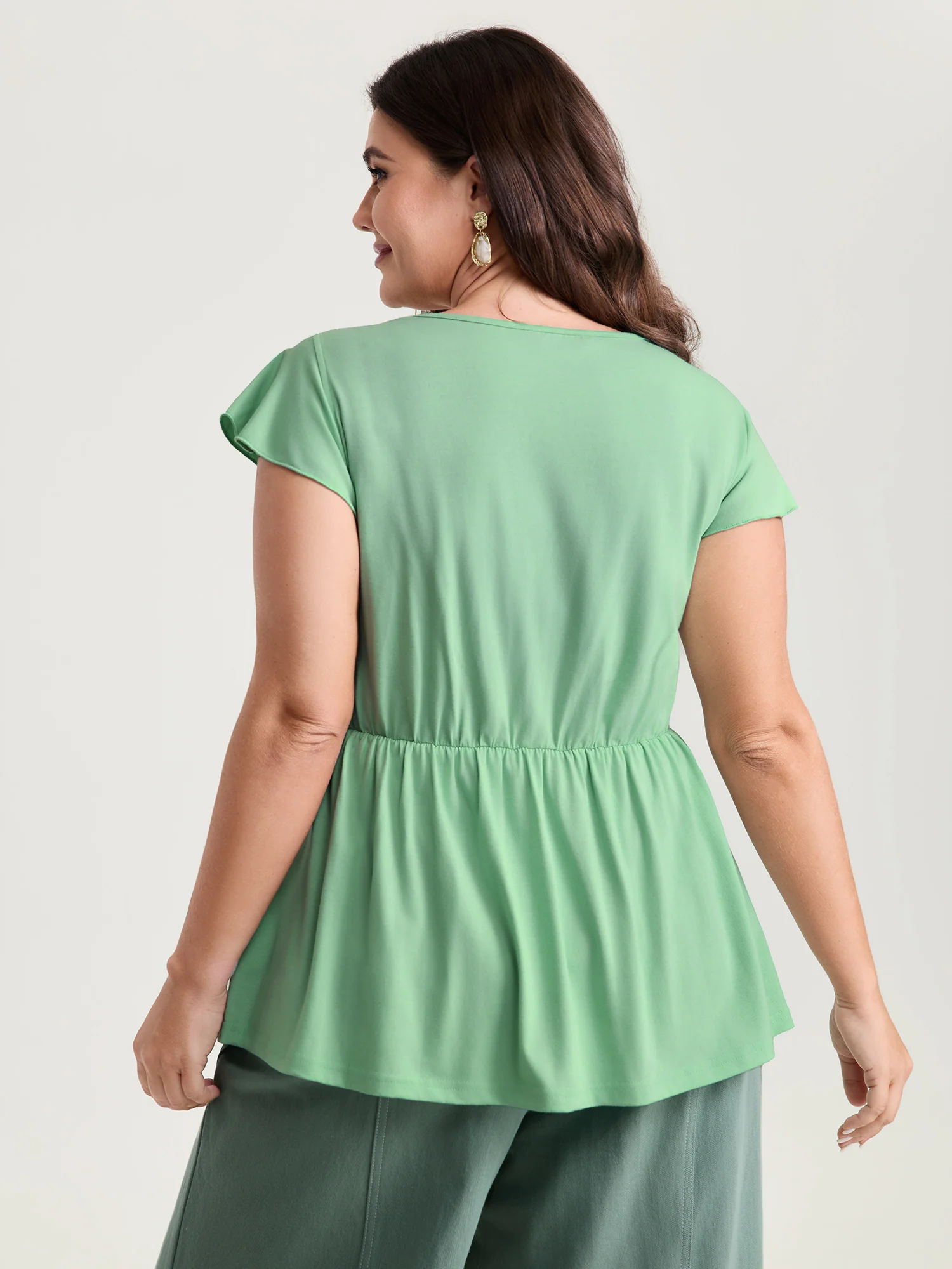 Stretchy Waist Pleated Flutter Sleeve T-Shirt - Image 4