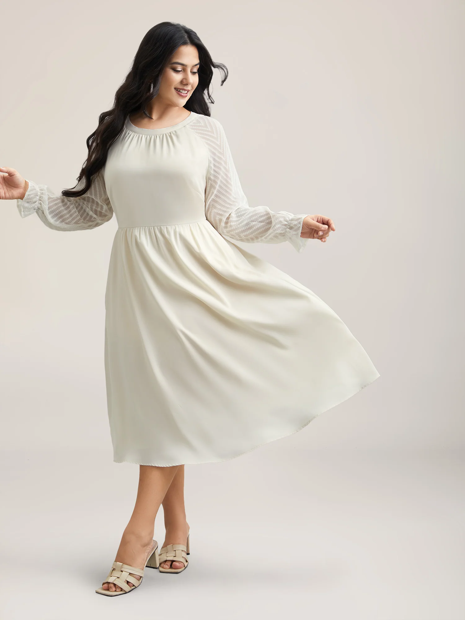 Stretchy-Waist Pockets Plain Textured Midi Dress - Image 2