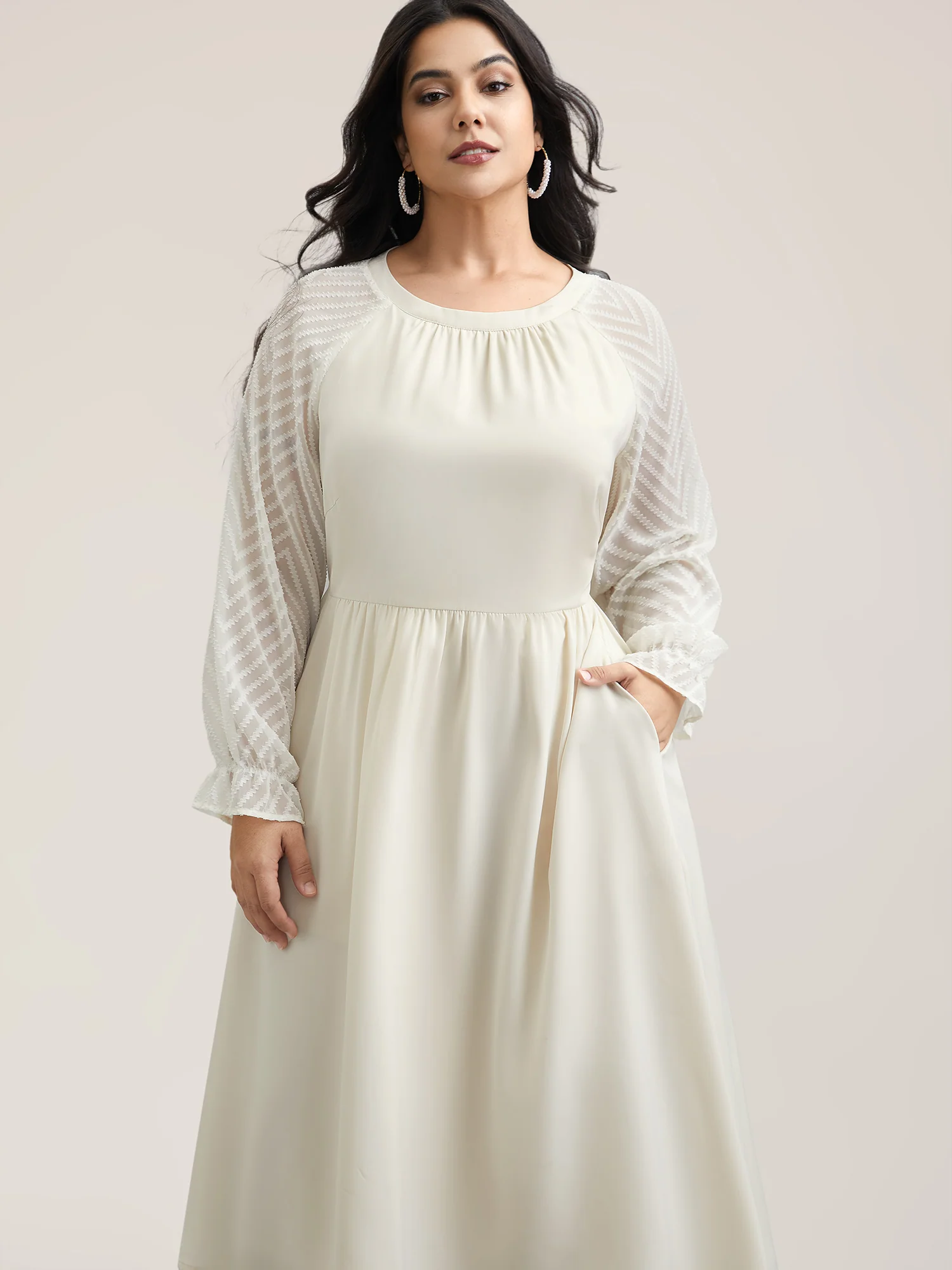 Stretchy-Waist Pockets Plain Textured Midi Dress - Image 3
