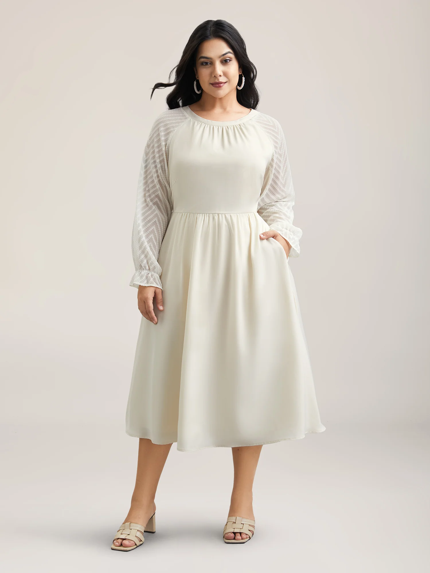 Stretchy-Waist Pockets Plain Textured Midi Dress - Image 4