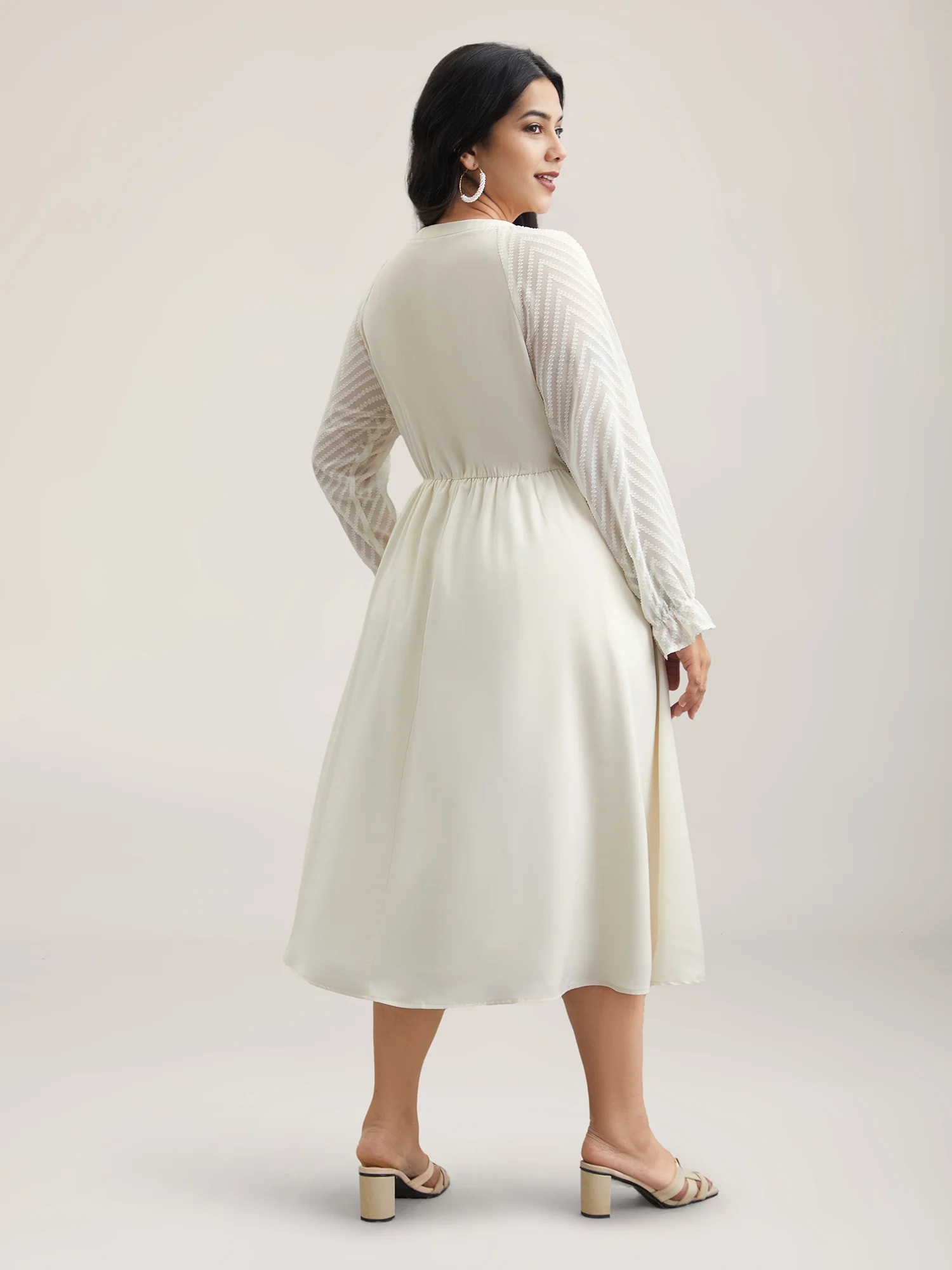 Stretchy-Waist Pockets Plain Textured Midi Dress - Image 5