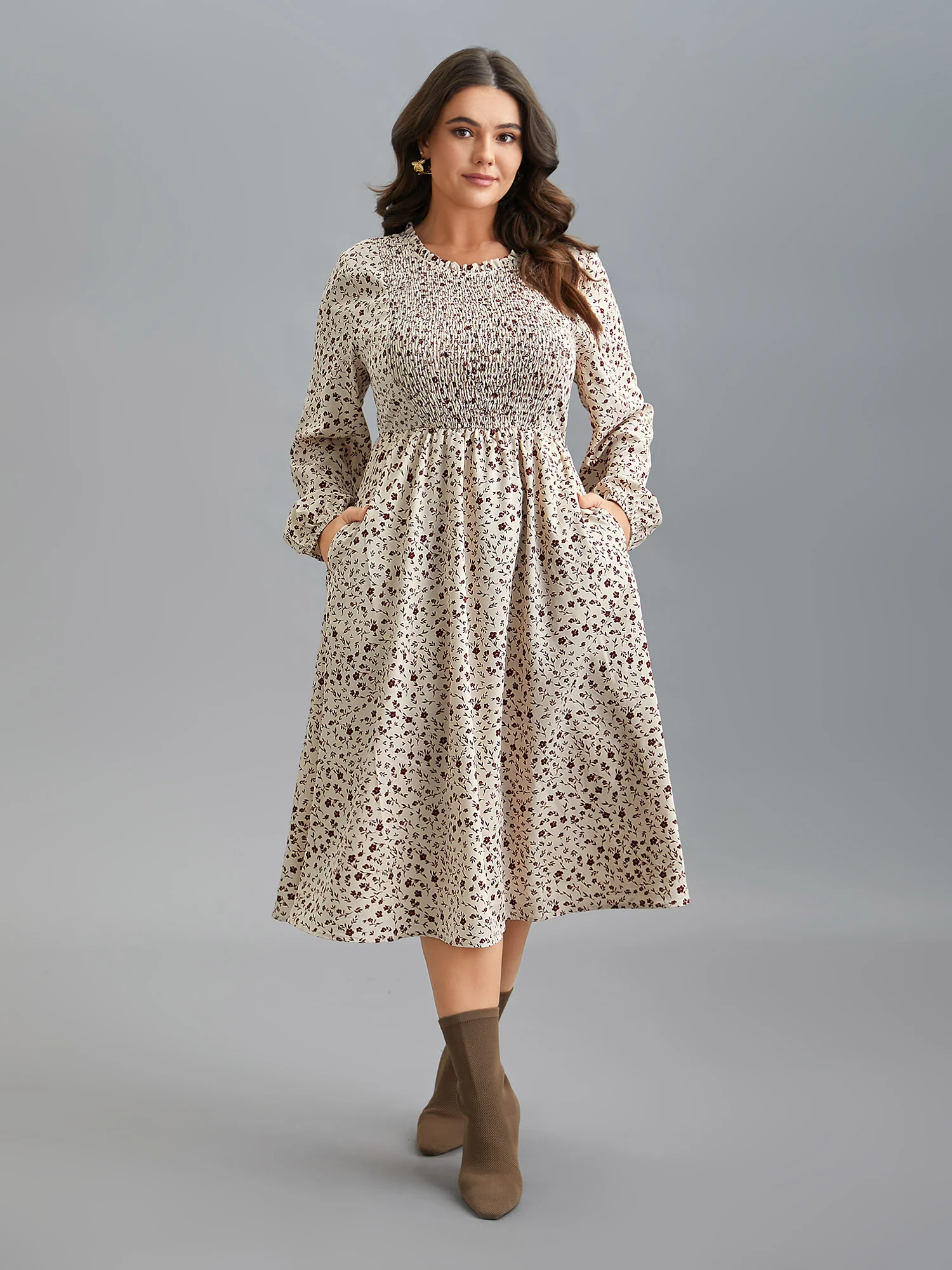 Stretchy-Waist Printed Pockets Midi Dress - Image 2