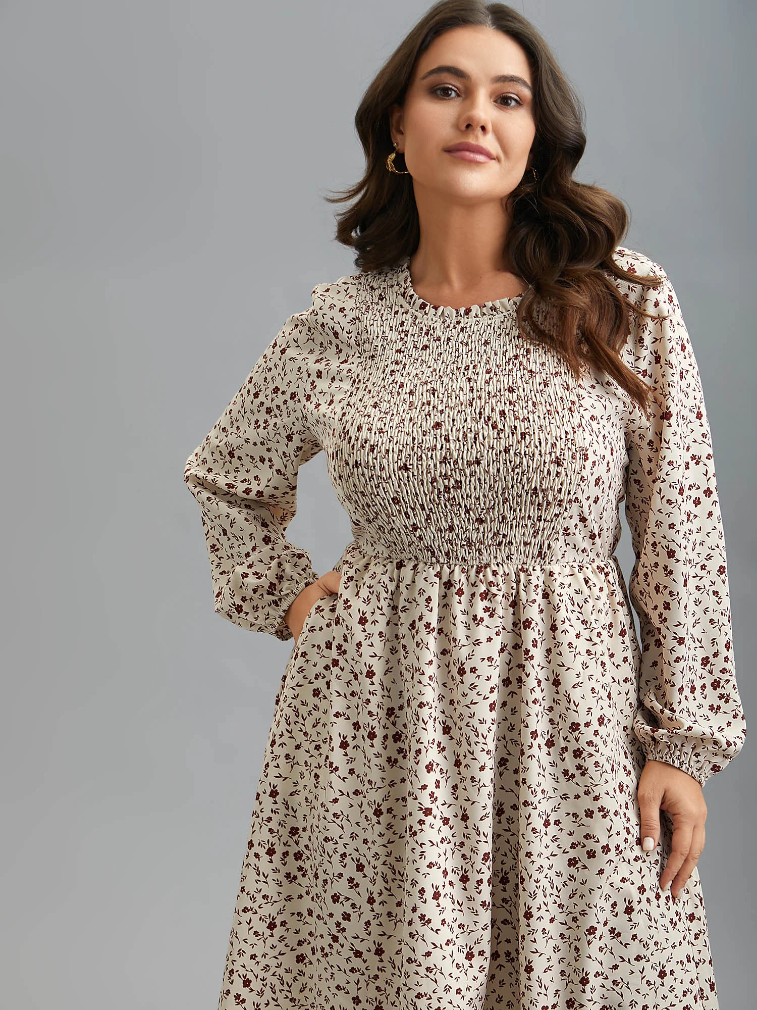 Stretchy-Waist Printed Pockets Midi Dress - Image 3