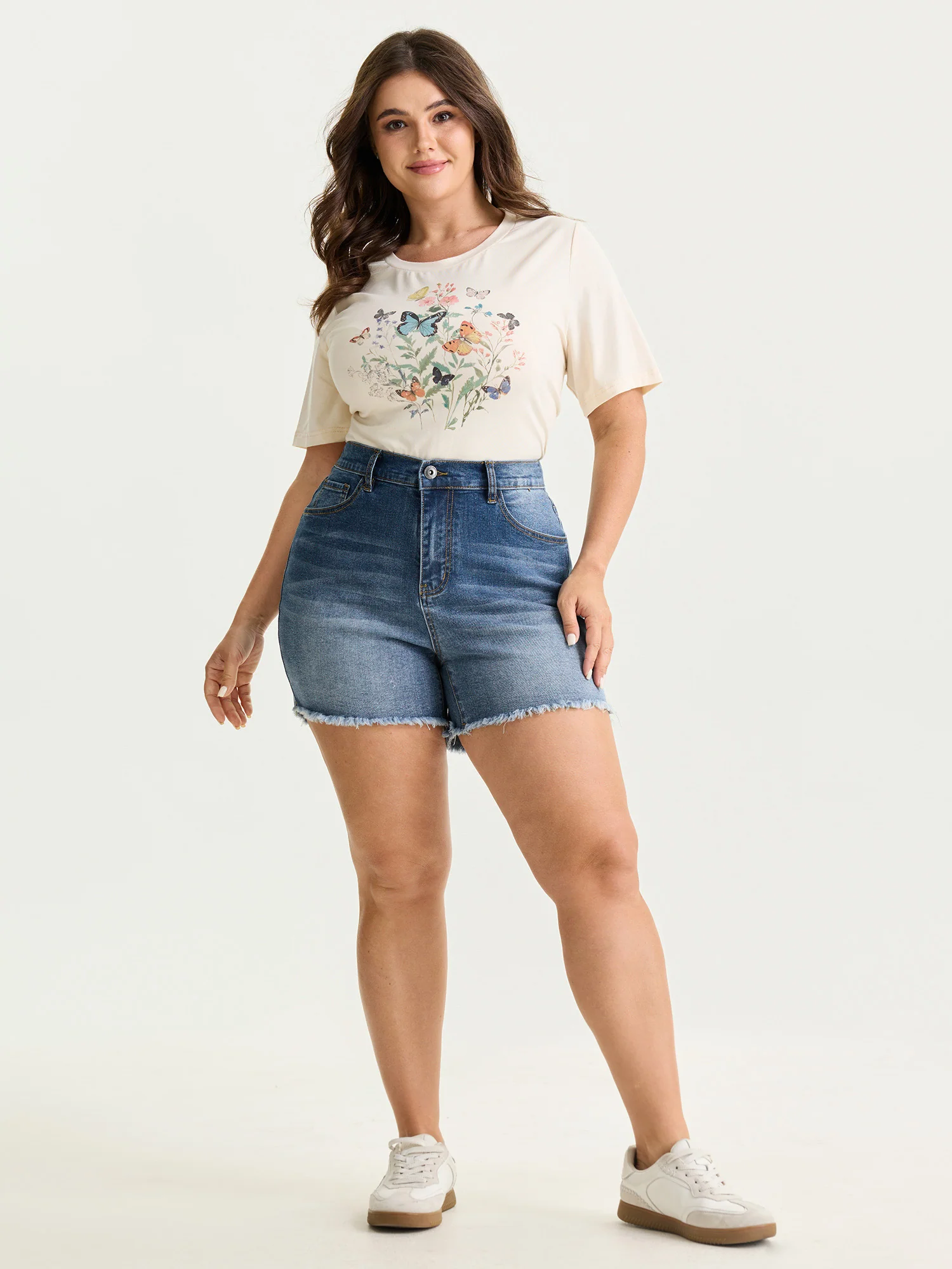 Stretchy Waist Raw Hem Straight-Leg Denim Shorts - Image 2
