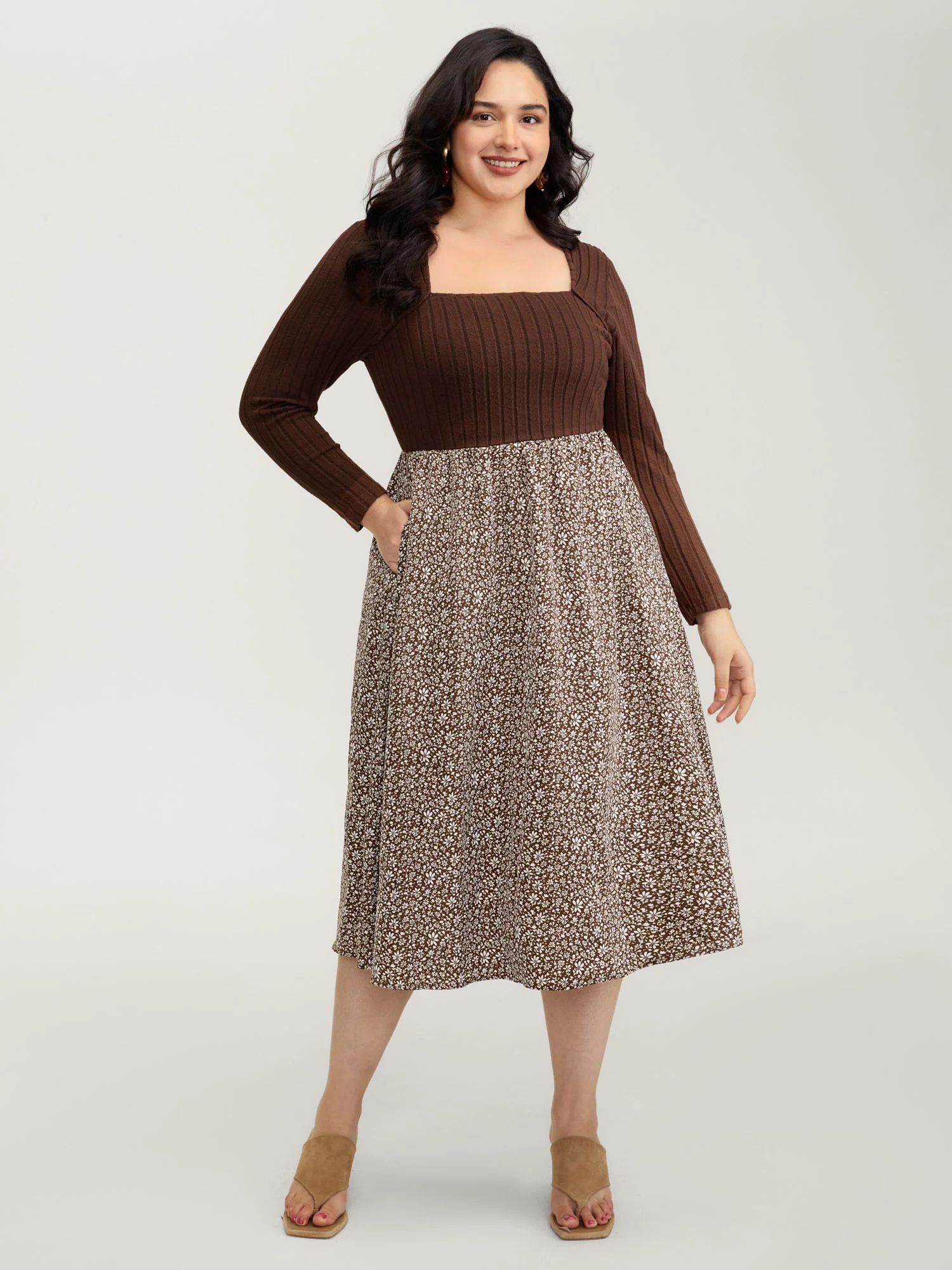 Stretchy Waist Retro Contrast Midi Dress - Image 3