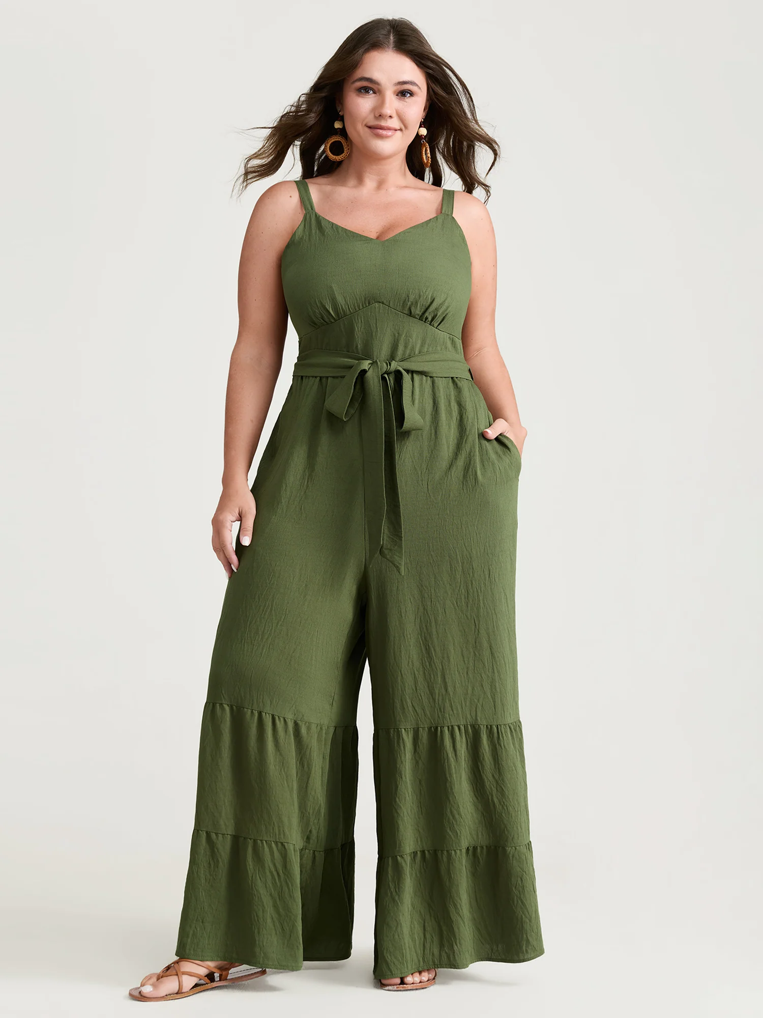 Stretchy Waist Ruffled Hem Pockets Jumpsuit