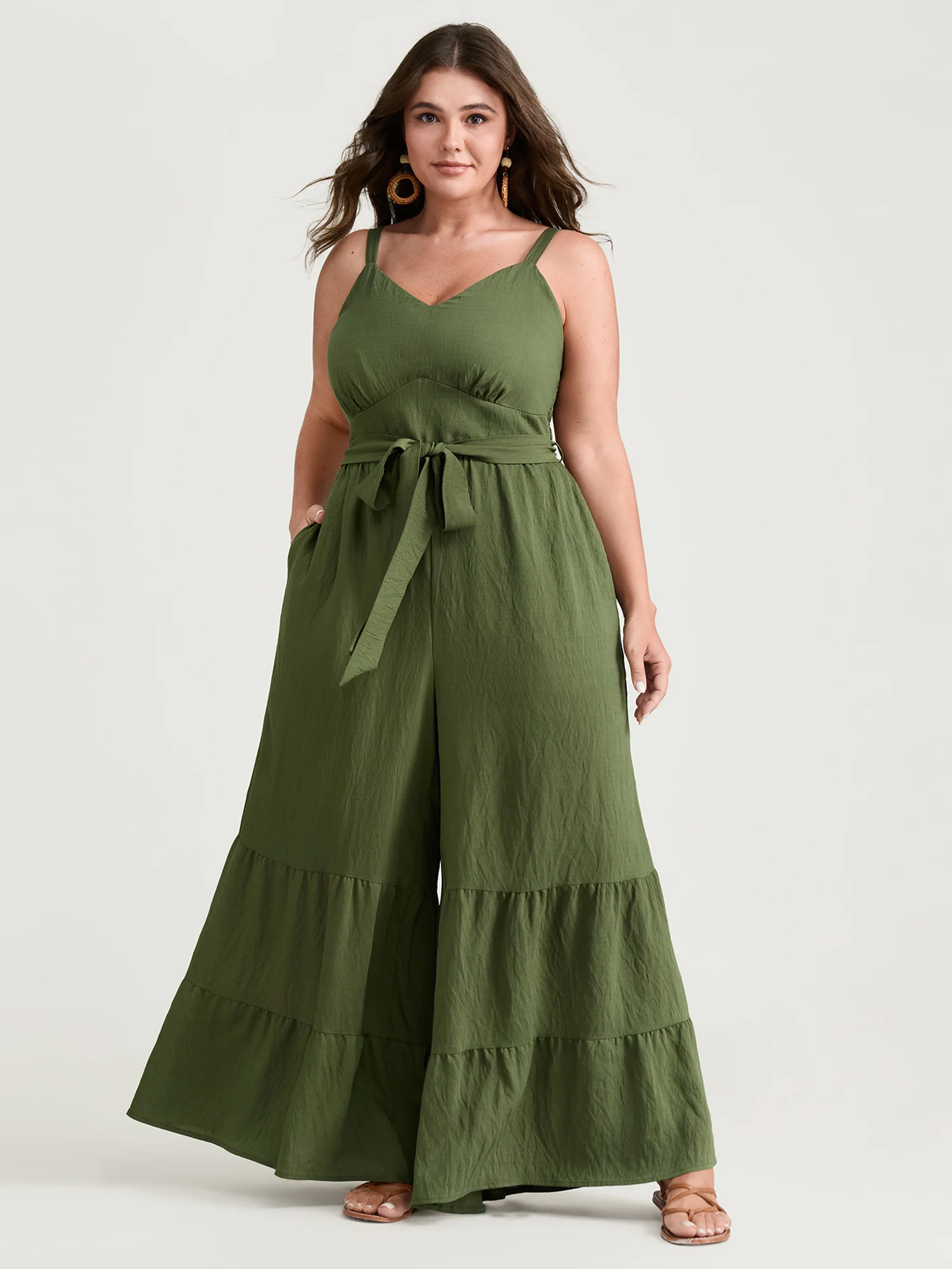 Stretchy Waist Ruffled Hem Pockets Jumpsuit - Image 3
