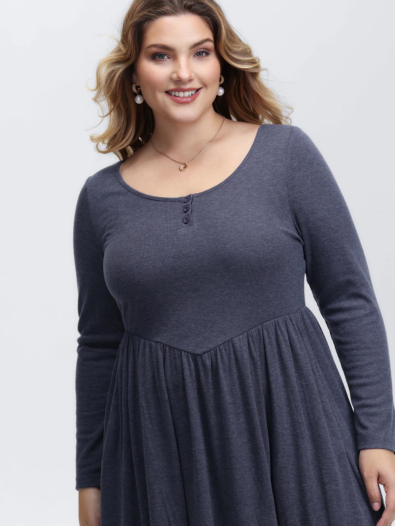 Stretchy Waist Scoop Neck Knit Midi Dress - Image 2