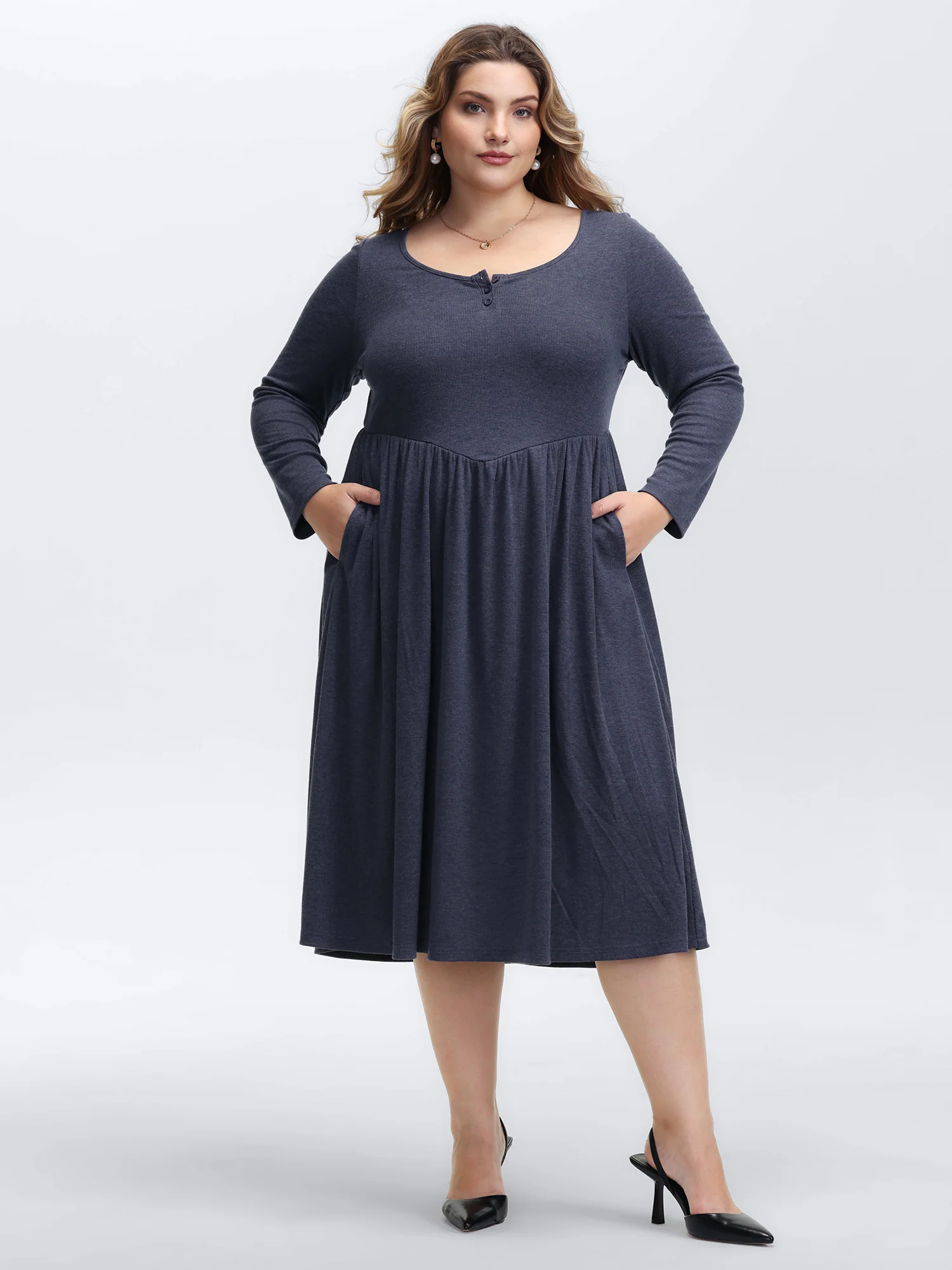 Stretchy Waist Scoop Neck Knit Midi Dress - Image 3