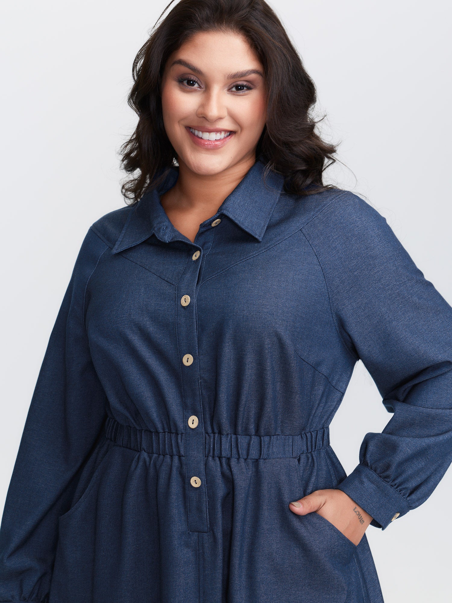 Stretchy Waist Slit Denim-Like Midi Dress - Image 2