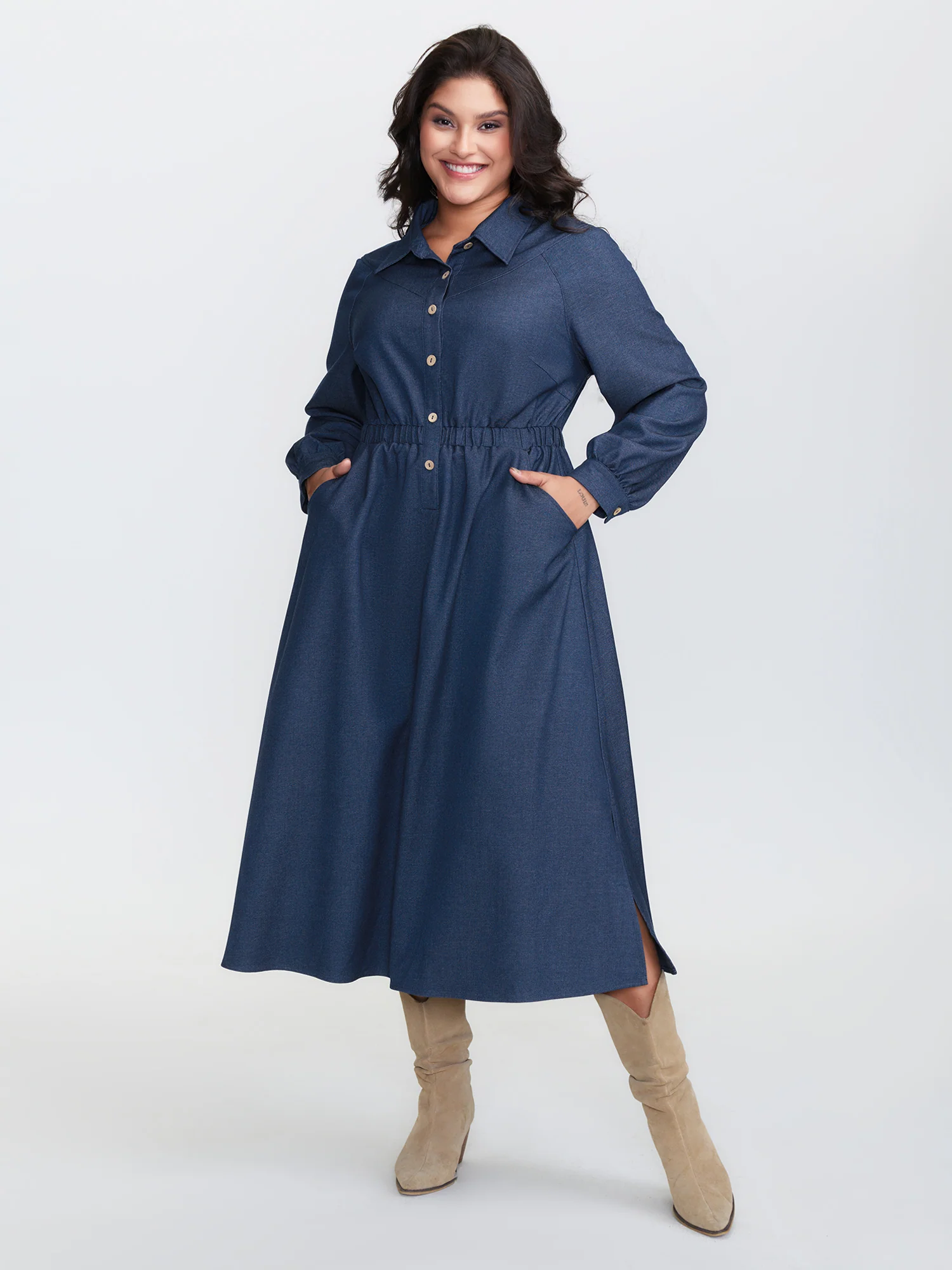 Stretchy Waist Slit Denim-Like Midi Dress - Image 3