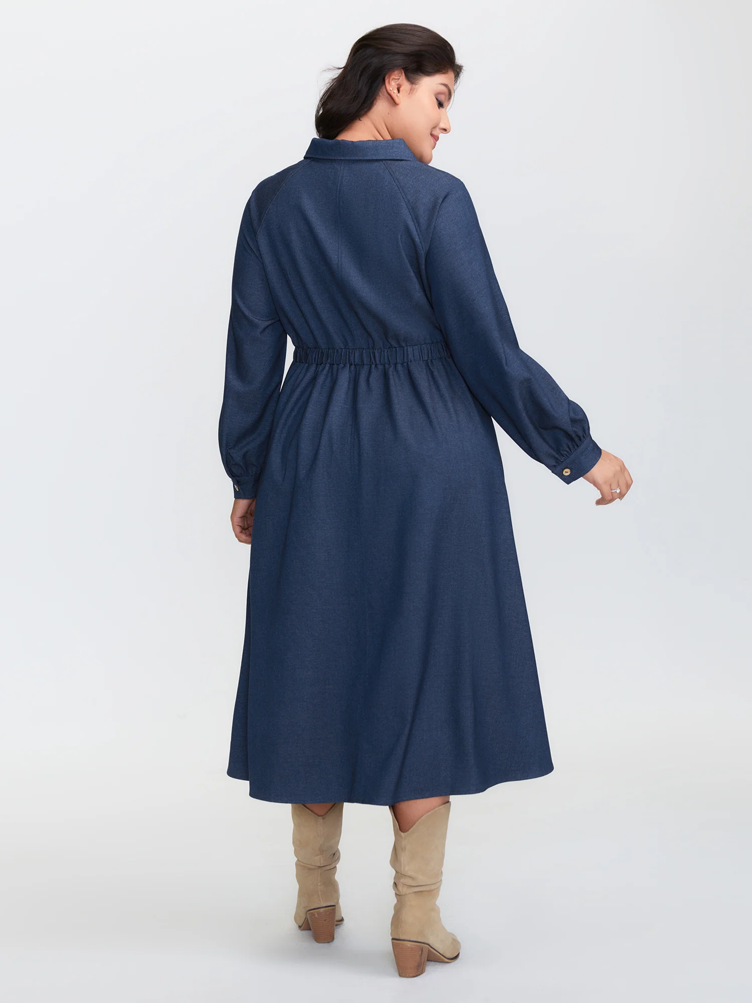 Stretchy Waist Slit Denim-Like Midi Dress - Image 4