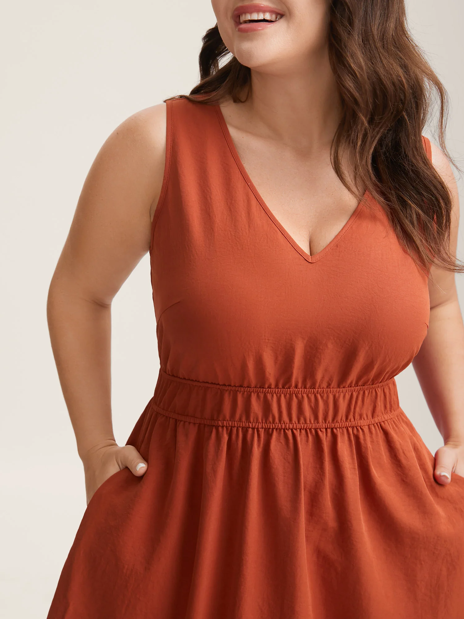 Stretchy Waist Solid Pockets Midi Dress - Image 2