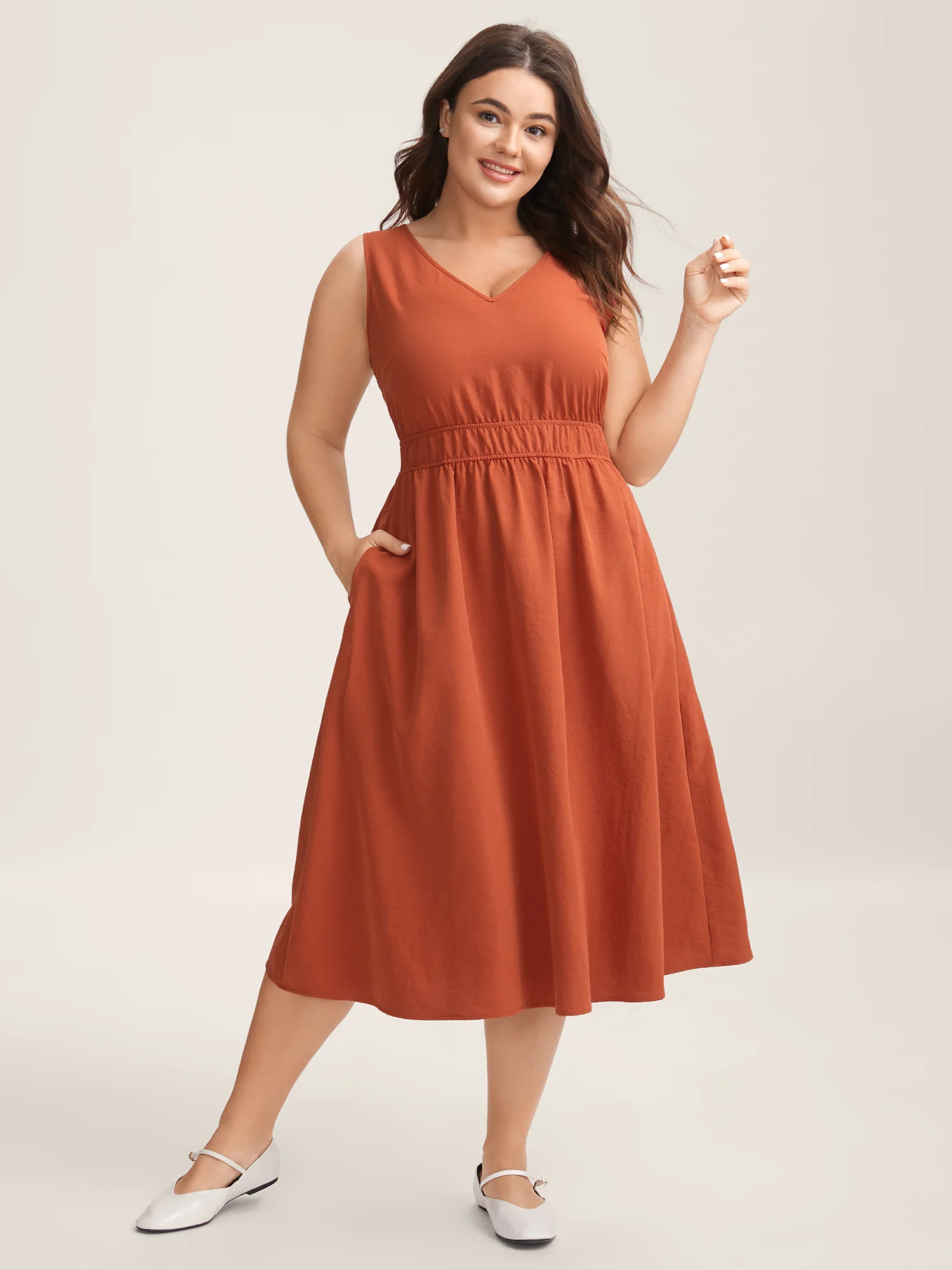 Stretchy Waist Solid Pockets Midi Dress - Image 3